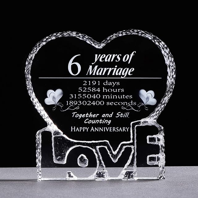 Glass Sculpture Etched 6 Years Happy Anniversary K9 Crystal Keepsake, 6th Iron Wedding Gifts for Couple Husband with Gift box (6 Year)