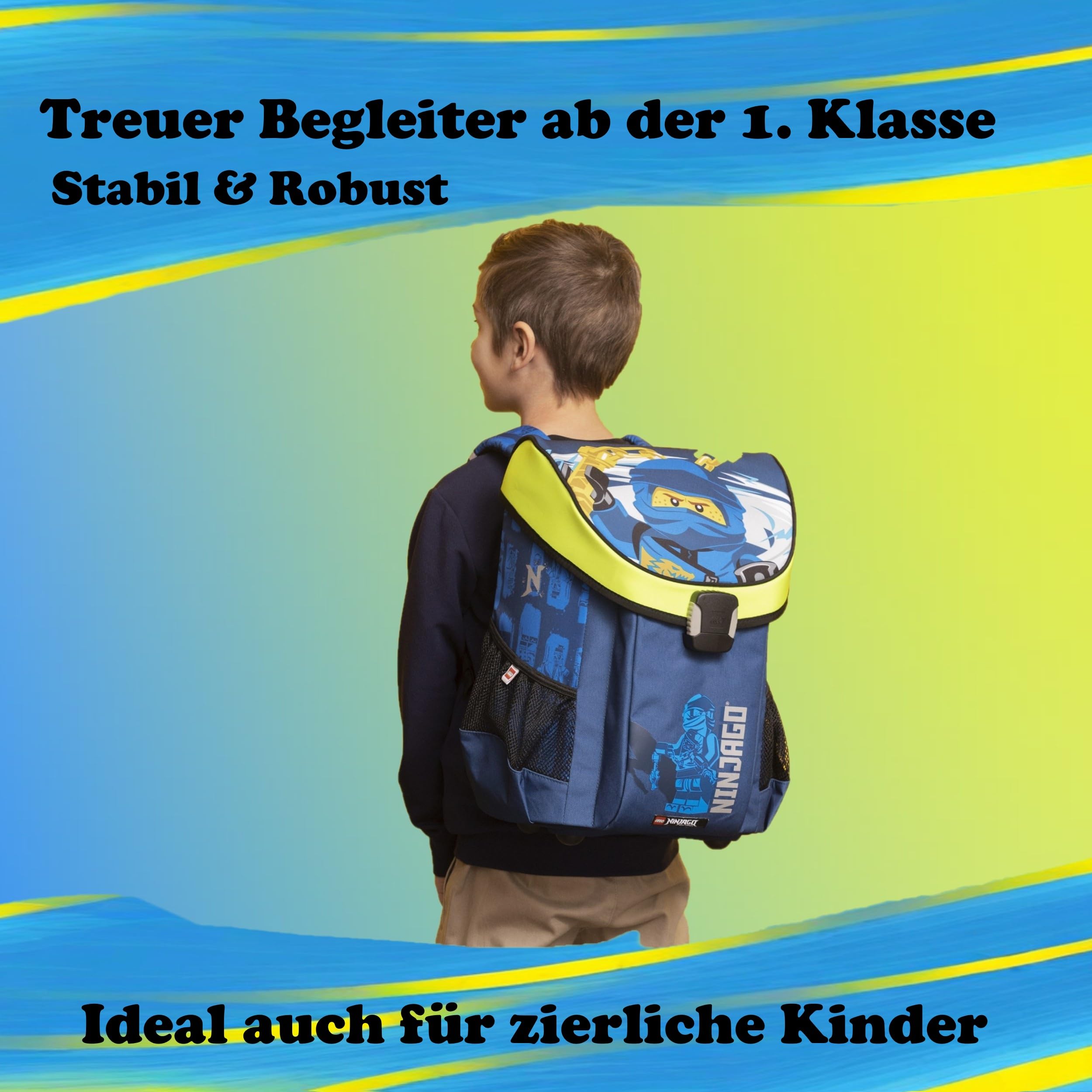 Familando - Schulranzen Set 9-teilig mit Sporttasche - Ninjago Blau - Ergonomisch, stabil & mit gepolstertem Rücken - 790g leicht mit 16L Volumen - wasserabweisend und mit Reflektoren - Ab 1. Klasse