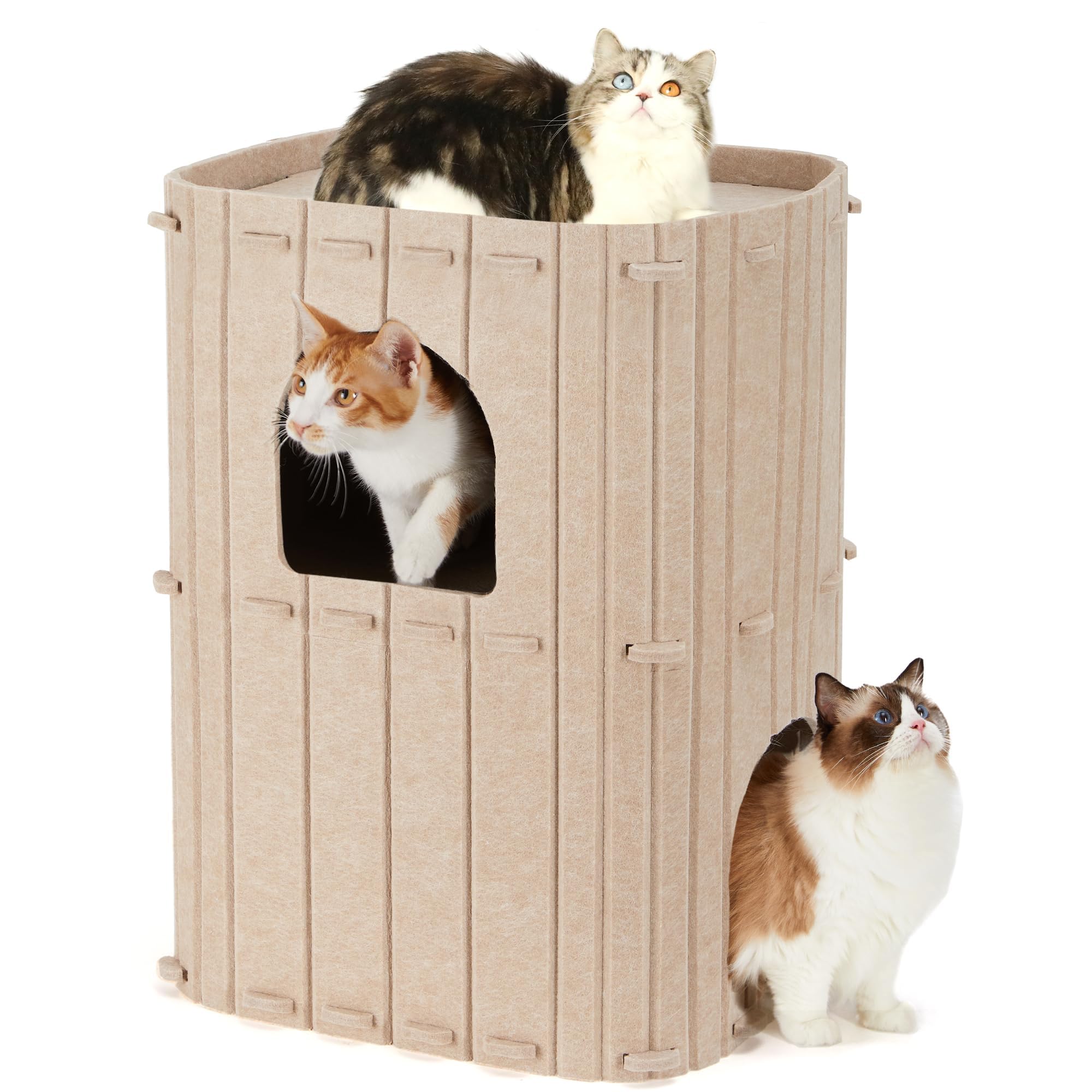 FUKUMARU Cueva Estable de Fieltro para Gatos, Cama de 3 Capas, para Dormir, Jugar y Esconderse, Beige, 45 x 37 x 60 cm, Grande, Beige