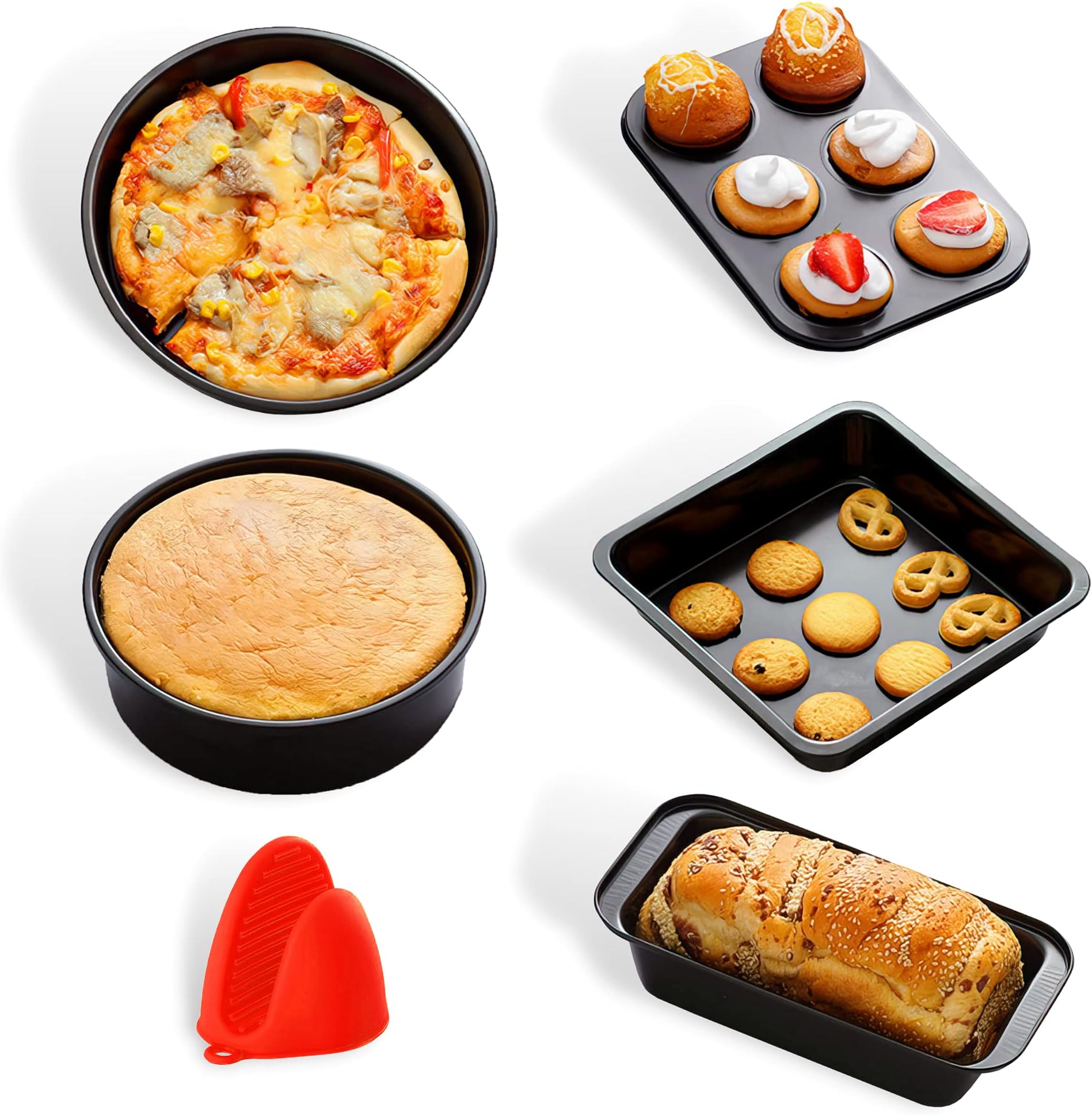 Cooking & Baking Set 5 Piece Non Stick Bakeware and cooking pan set– Food Grade Carbon Steel Cake, Toast, Pizza Tray, & Deep Baking Trays with Silicone Mit for Baking Cakes & Cookies