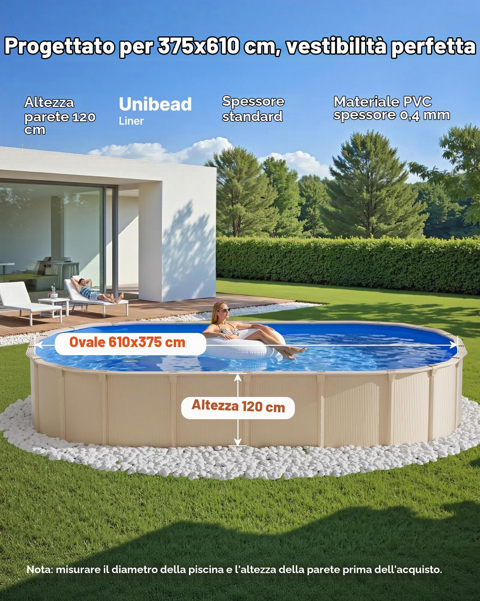 VEVOR Liner per Piscina Ovale 375 x 610 cm con Bordo a Incastro, Rivestimento Interno in Vinile Spesso per Piscina Fuori Terra, Altezza Parete 120 cm, Installazione Facile con Toppe di Riparazione