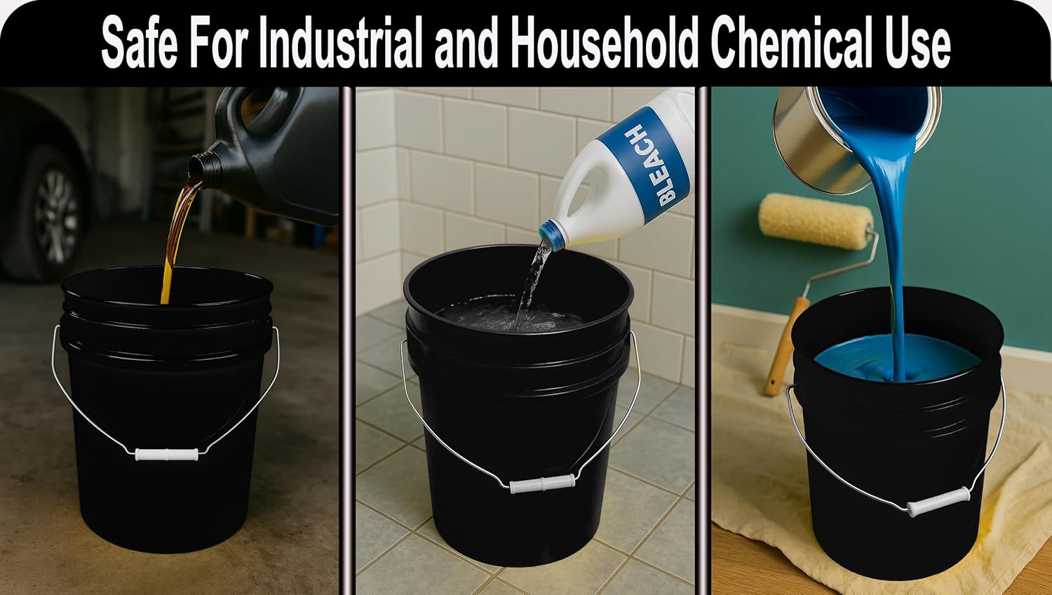 5-Gallon Bucket Only – No Lid Included, Made in USA, Food Grade BPA Free Plastic, Heavy Duty Multi-Use, Metal Handle with Grip, Stackable Storage – Black, 1 Pack - Image 7