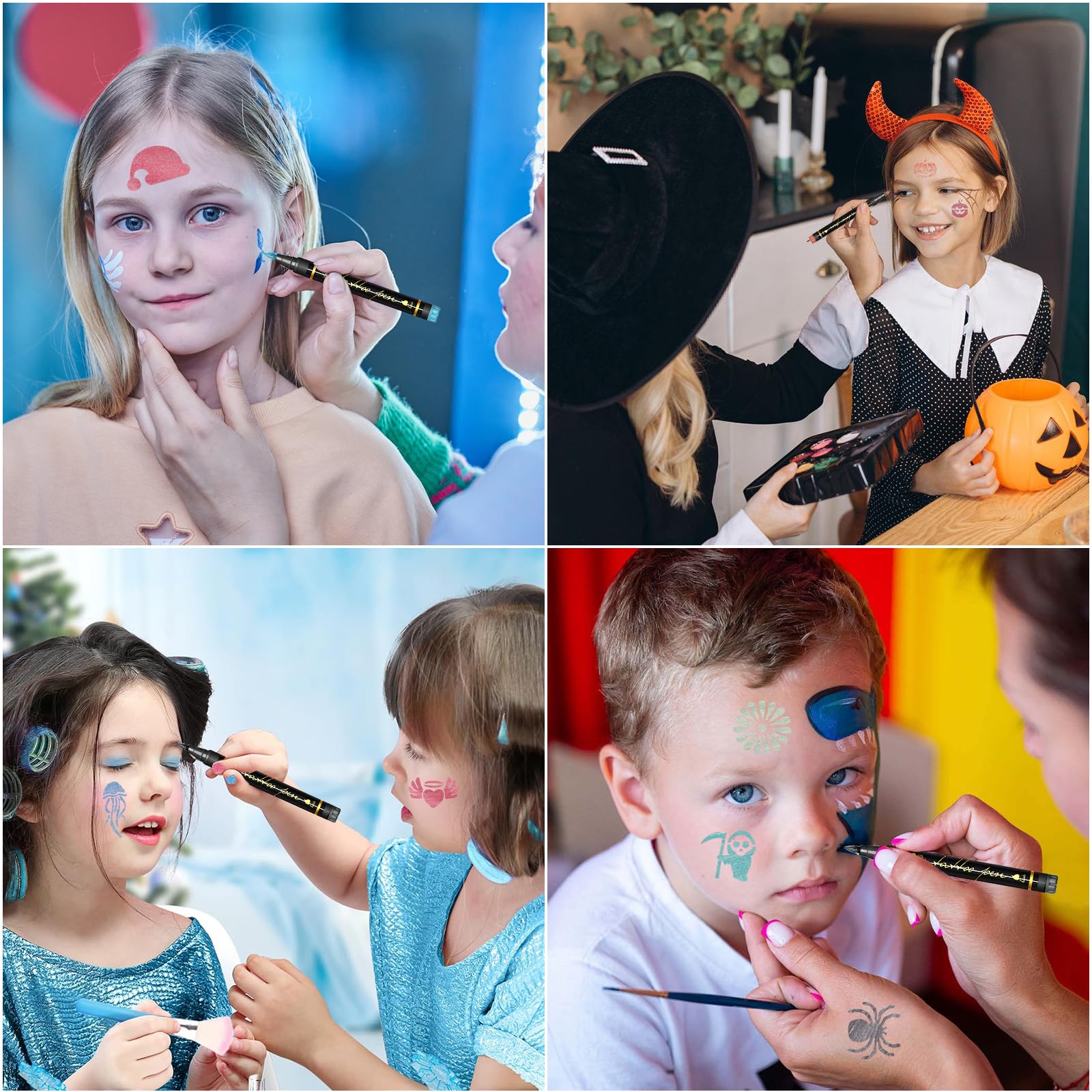 10 sztuk pisaków do tatuażu dla dzieci, brokatowy tatuaż, przyjazny dla skóry, z 6 arkuszami, 55 szablonami, zestaw dla dziewcząt, chłopców, dorosłych, Halloween, imprezę, karnawał, święta Bożego
