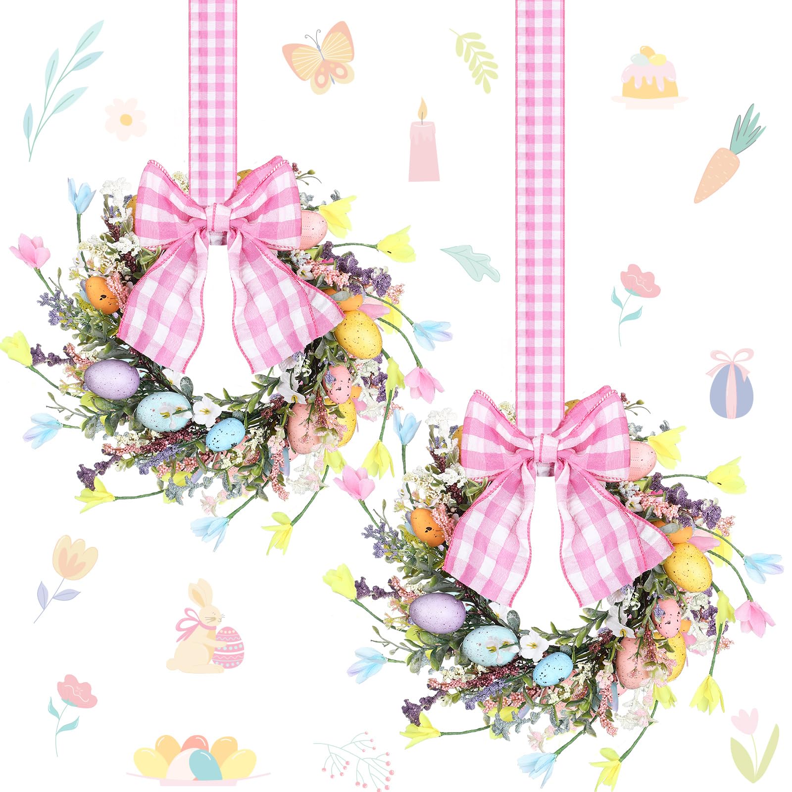 Photo 1 of 2 Pcs 9'' Mini Easter Wreath for Front Door Easter Eggs Sign Kitchen Cabinet wreaths Spring Daisy Wildflower Floral Flower Decorations with Ribbon Bow for Window Home Table Centerpiece Farmhouse Decor