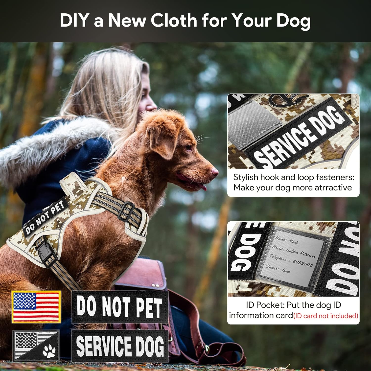 Lewondr Tactical Dog Harness No Pull for Small Medium Large Dogs, Adjustable Reflective Dog Vest Harness with 6pcs Patches, Escape Proof Breathable Training Service Military Dog Vest Harnesses.