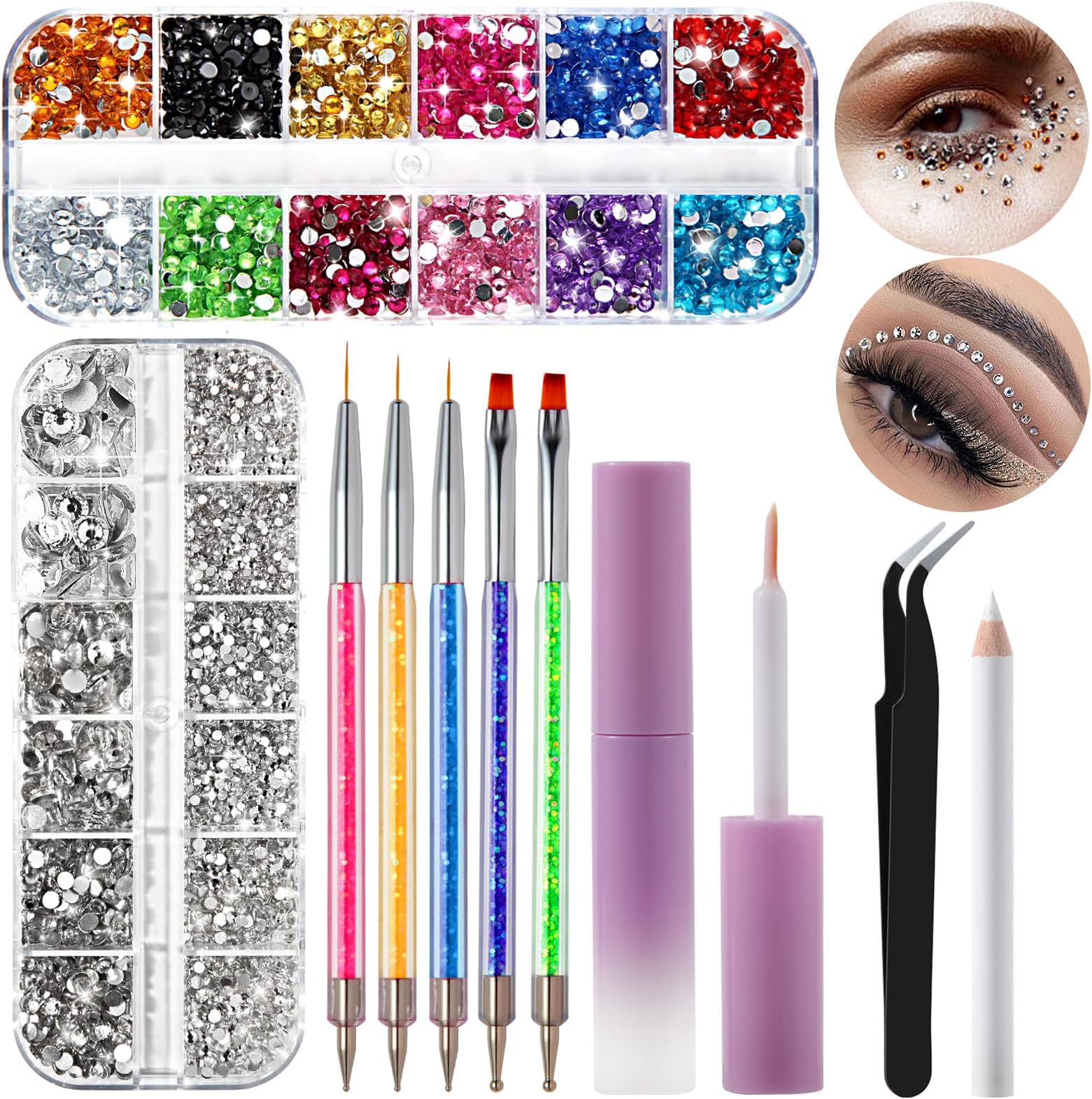 Shynek 3600Pcs Gems Rhinestones with Makeup Glue, Tweezers