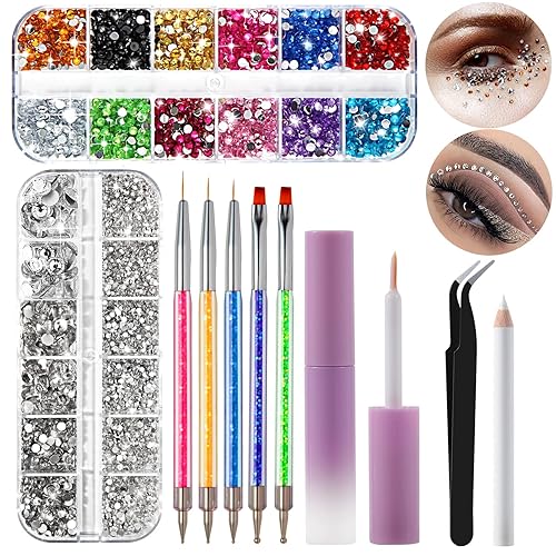 5100 gemas faciales con pegamento de maquillaje, diamantes de imitación multicolor con parte trasera plana con herramientas de arte de uñas,