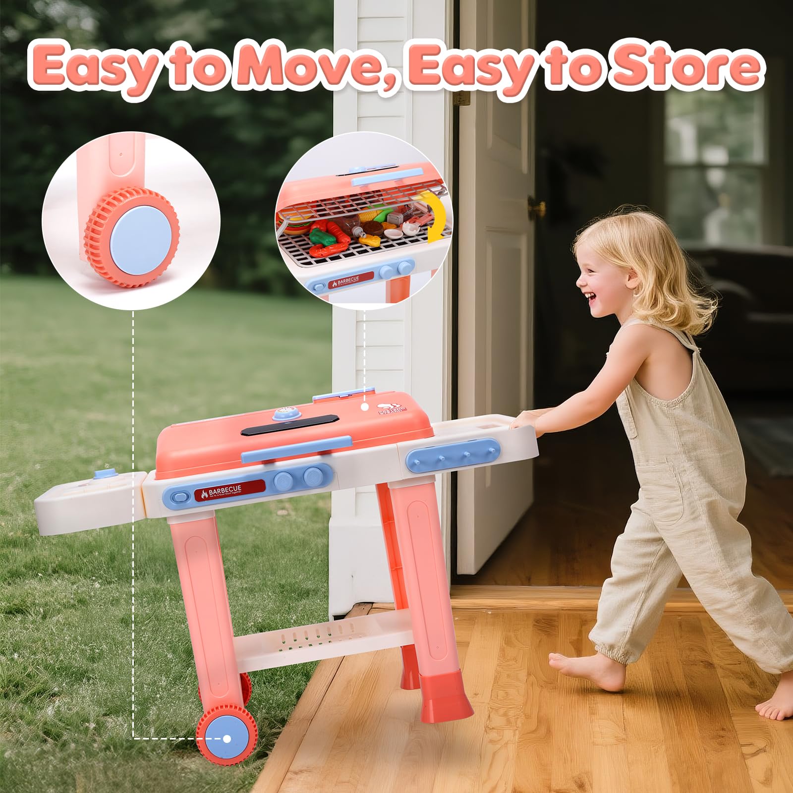 cute stone Barbecue pour Enfants avec Aliments changeant Couleur, Vaporisateur Brume fraîche, Sons et lumières Jeu de Cuisine d'extérieur avec poêle à Frire, sur roulettes pour Un déplacement Facile