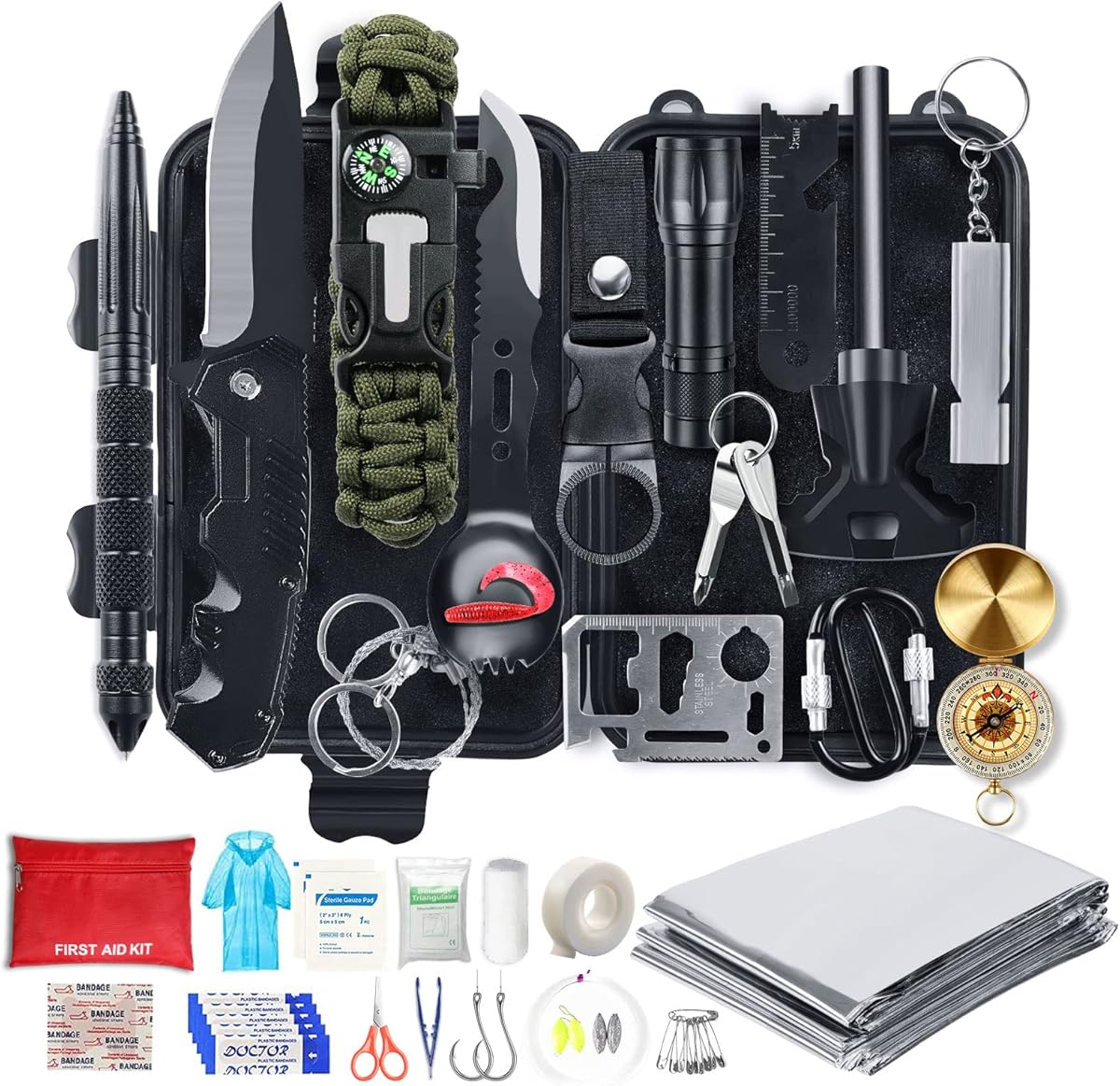 Survival Kit, 54 in 1 Erste Hilfe Set Auto Outdoor Zuhause, Notfall Ausrüstung Stromausfall First Aid Kit Survival Set Überlebensausrüstung Geschenke für Männer Papa