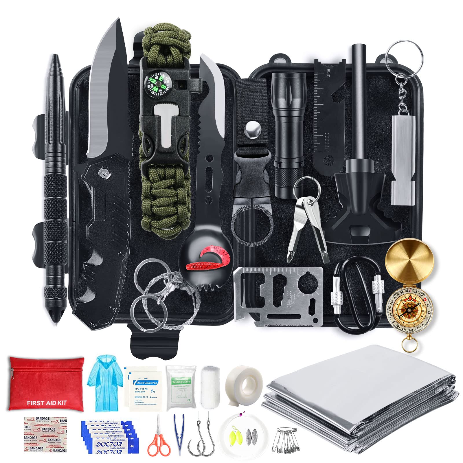 Survival Kit, 54 in 1 Erste Hilfe Set Auto Outdoor Zuhause, Notfall Ausrüstung Stromausfall First Aid Kit Survival Set Überlebensausrüstung Geschenke für Männer Papa