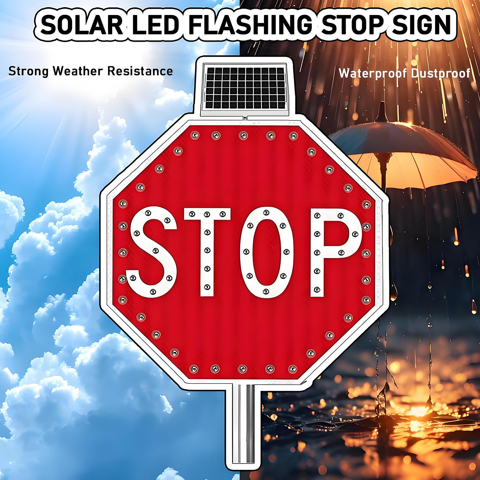 Señal De Alto Solar, Señales De Tráfico De Aluminio, Señales De Advertencia LED Intermitentes Para Calle, Película Reflectante De Grado Industrial (60Cm/80Cm), Señales De Alto Intermitentes 80cm(32in)