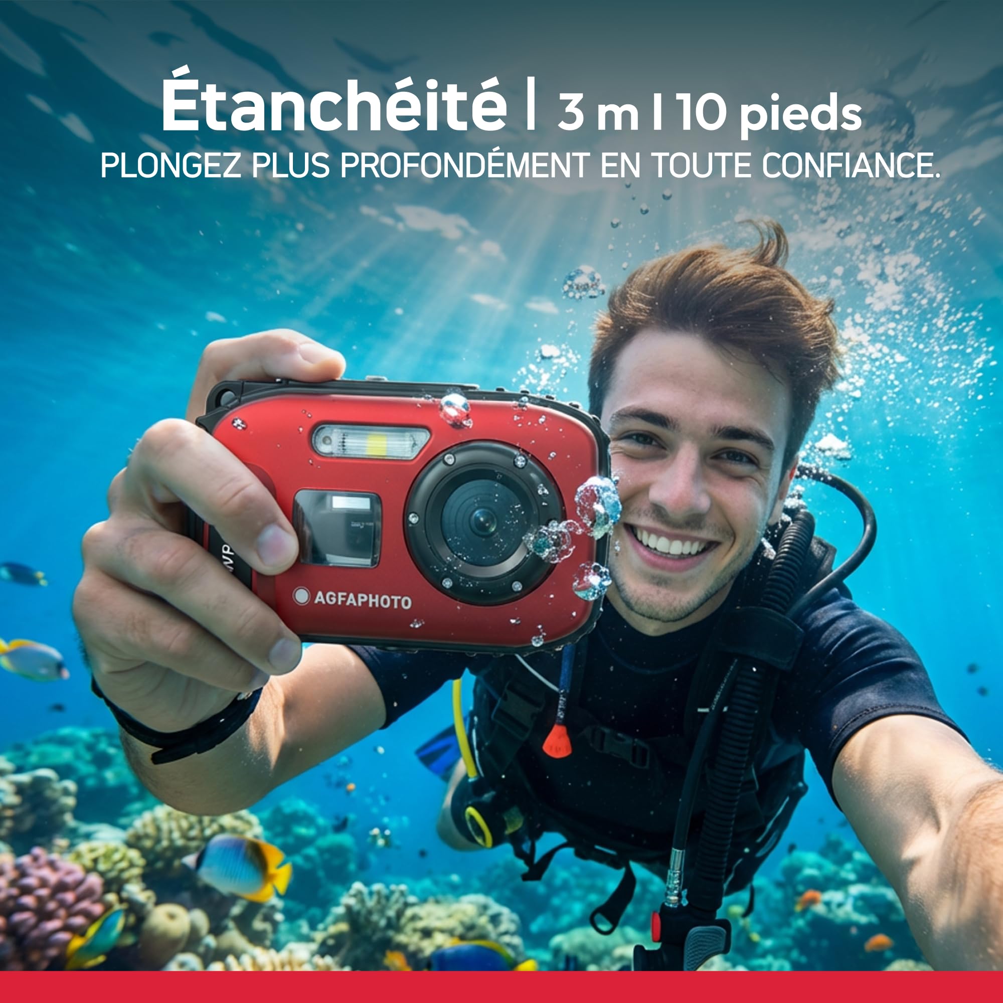 AGFAPHOTO Realishot WP6000 - Appareil Photo Numérique Étanche, 3m/10ft, 18 MP, Vidéo HD, Écran LCD 2.4", Zoom Digital 16x, Autofocus, Miroir Selfie, Batterie Lithium - Rouge