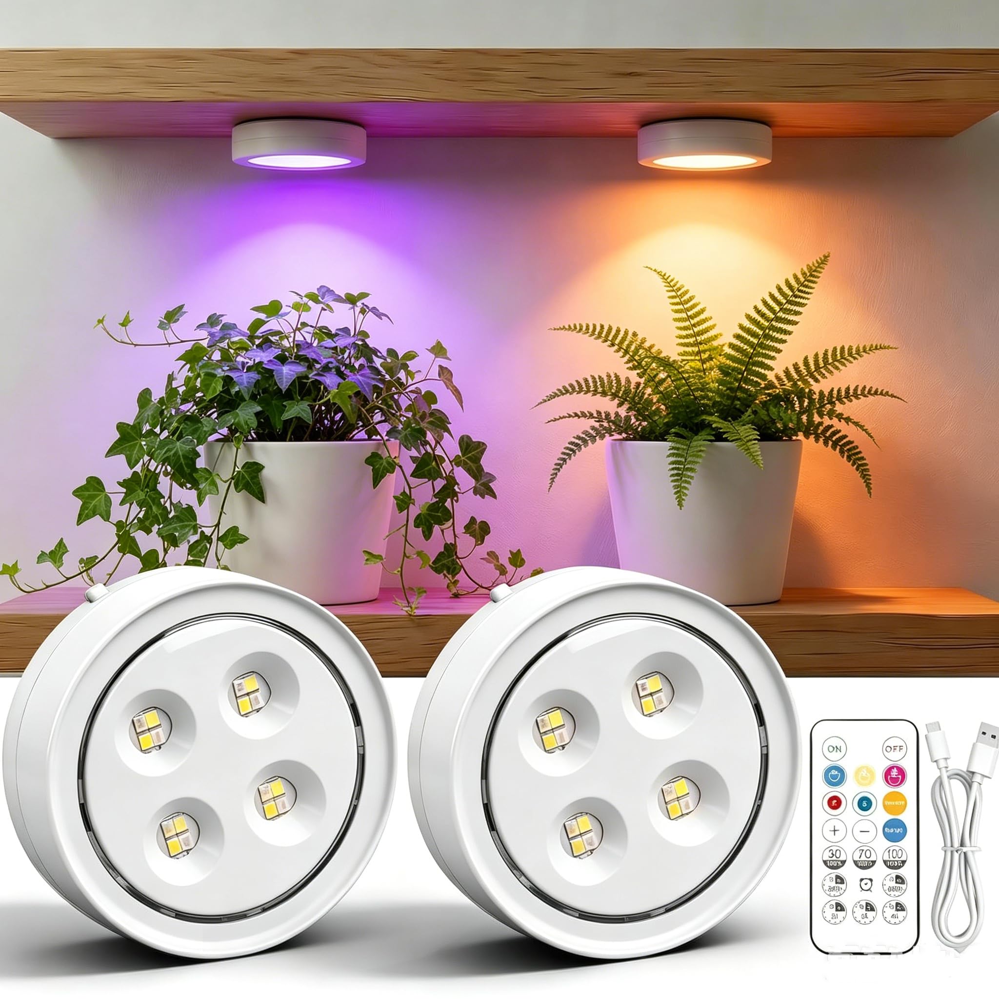 2 Pack Rechargeable Grow Light for Indoor Plants, Cordless Magnetic Plant Lights with 3H Timer & Remote, 6500k Full Spectrum LED Lighting & Stepless Dimming, for Small Plant
