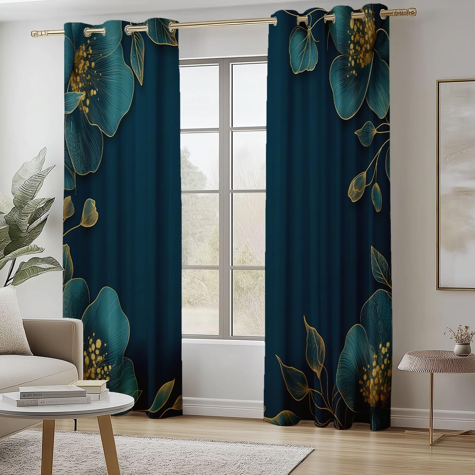 Rideaux Isolants 110L X 215H cm (2 Panneaux), Design Fleurs Modernes Cadre Tenture Opaque Anti-Chaleur pour Chambre Principale, Bleu Or