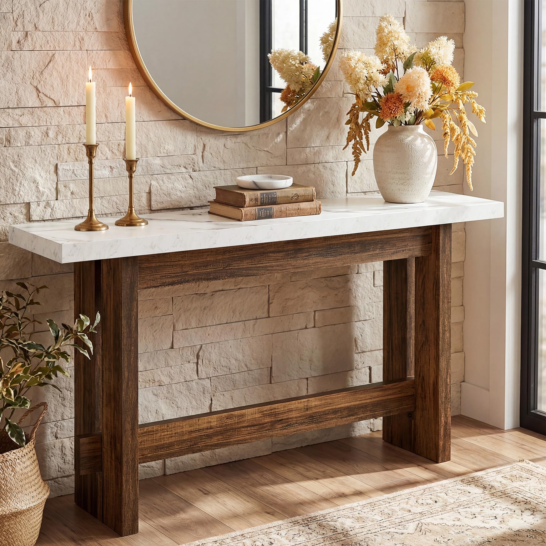 Tribesigns 160cm Legno Tavolo Consolle, Tavolo da ingresso Stile Fattoria con Piano Finto Marmo, Tavolo lungo e Stretto Dietro il Divano per Entryway, Corridoio, Soggiorno, Ingresso