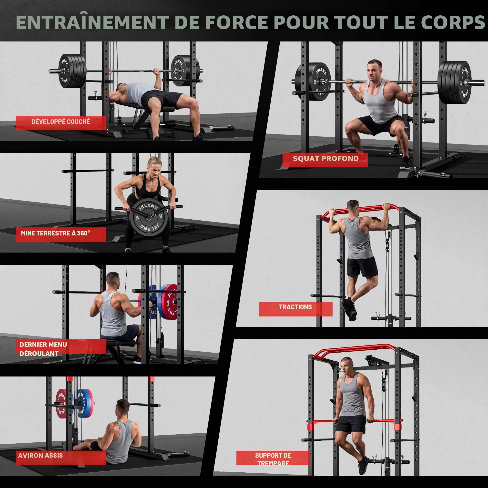 JELENS Power Cage, support multifonction S11 de 907 kg avec traction latte, support de squat avec système de poulie réglable et plus d'accessoires d'entraînement, machine d'entraînement de poids pour
