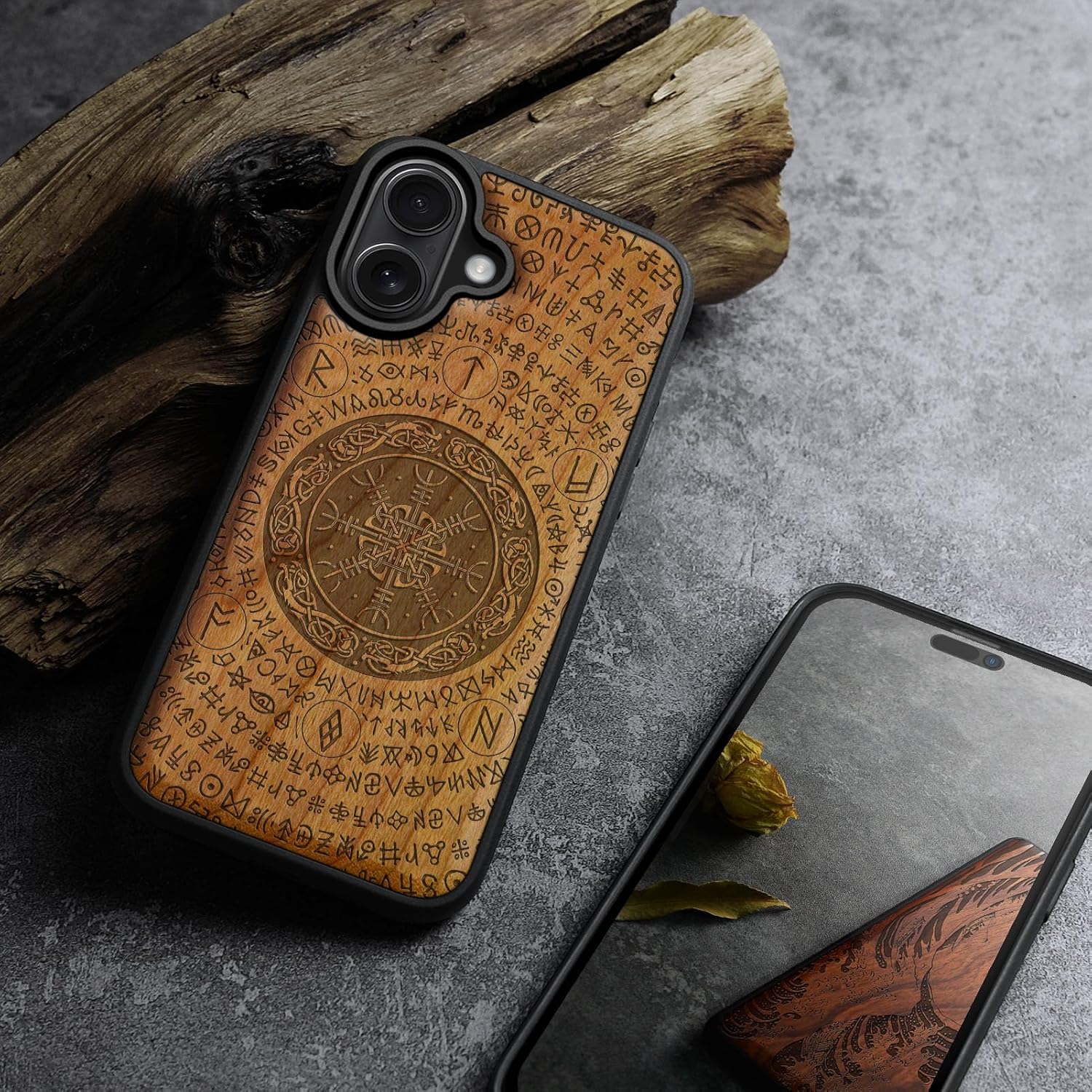 Carveit Magnetic Wooden Case for iPhone 17 Case, Wood Artisan Engraved & Black Soft TPU Shockproof Cover, Compatible with MagSafe Wireless Chargers (The Shield of Dragons and Awe) Cherry
