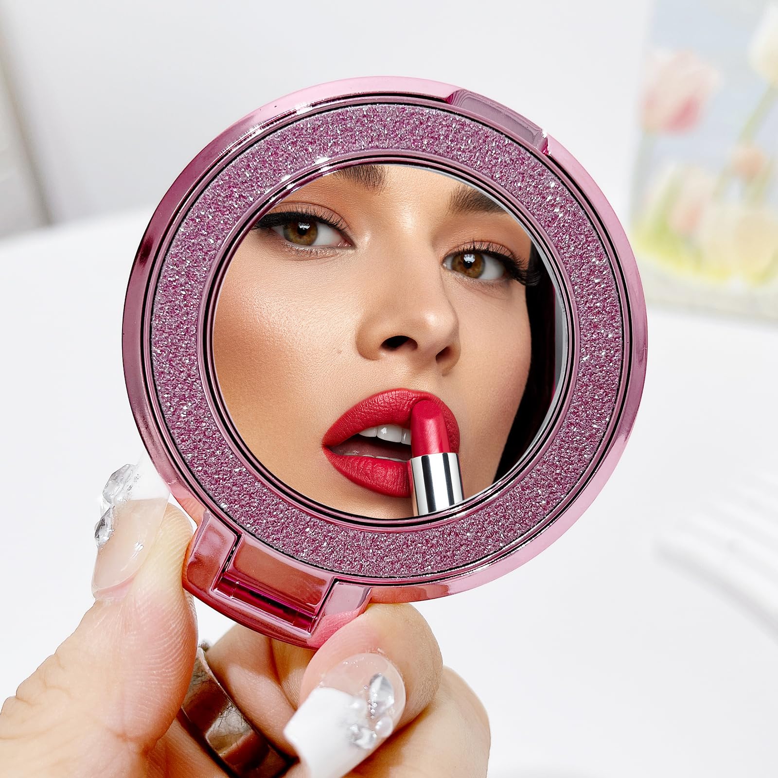 Magnetic Phone Holder with Makeup Mirror, Fits All Phones (Pink)