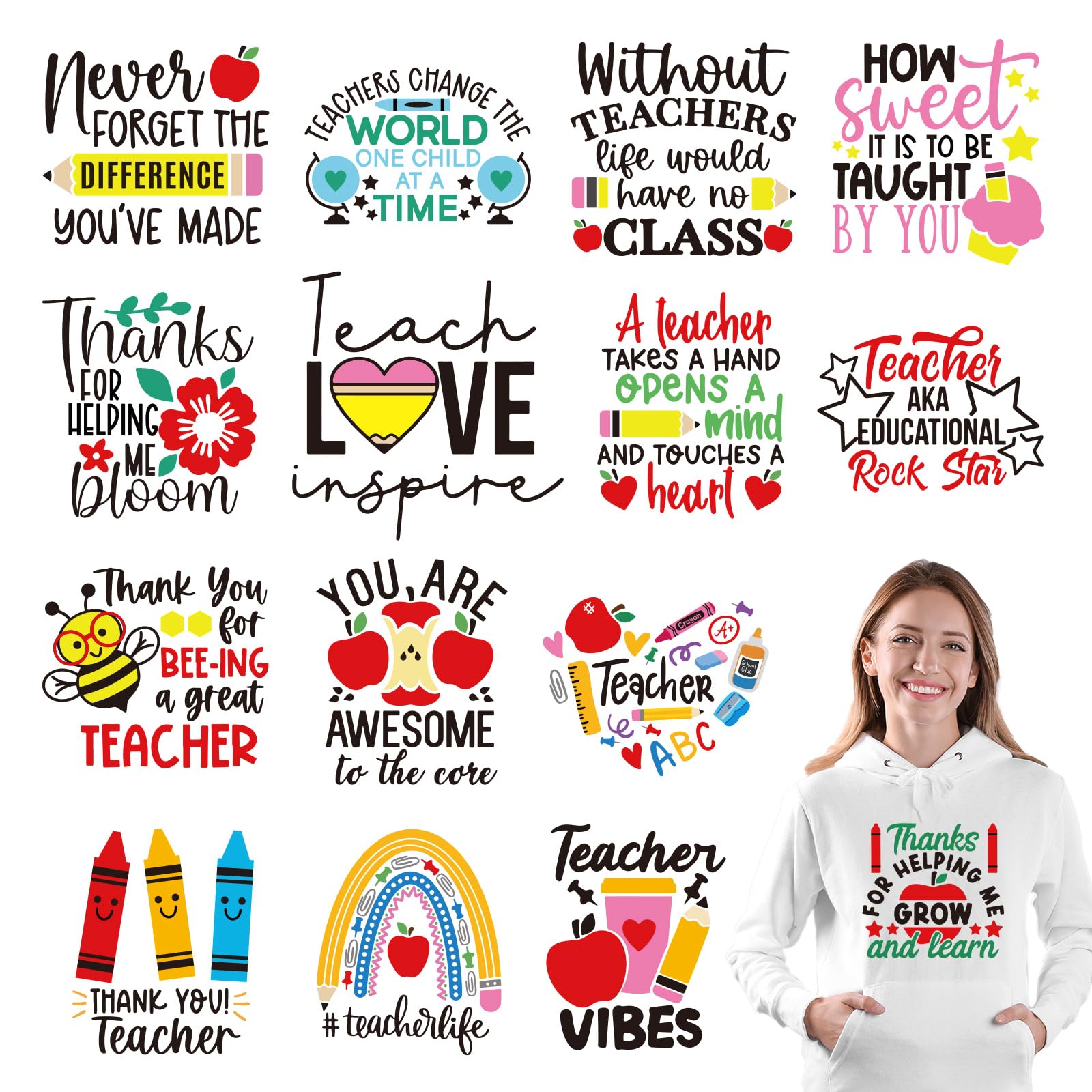 Transfert thermique vinyle fête des enseignants loisirs créatifs patchs thermocollants 15pcs