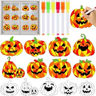 Qyeahkj 30Pcs Halloween Pumpkin Suncatchers Art Craft Kit DIY Coloring Craft Window Cling Sticker with Markers Halloween Ornament Decor for Kids Classroom Activities Fall Thanksgiving Art Project