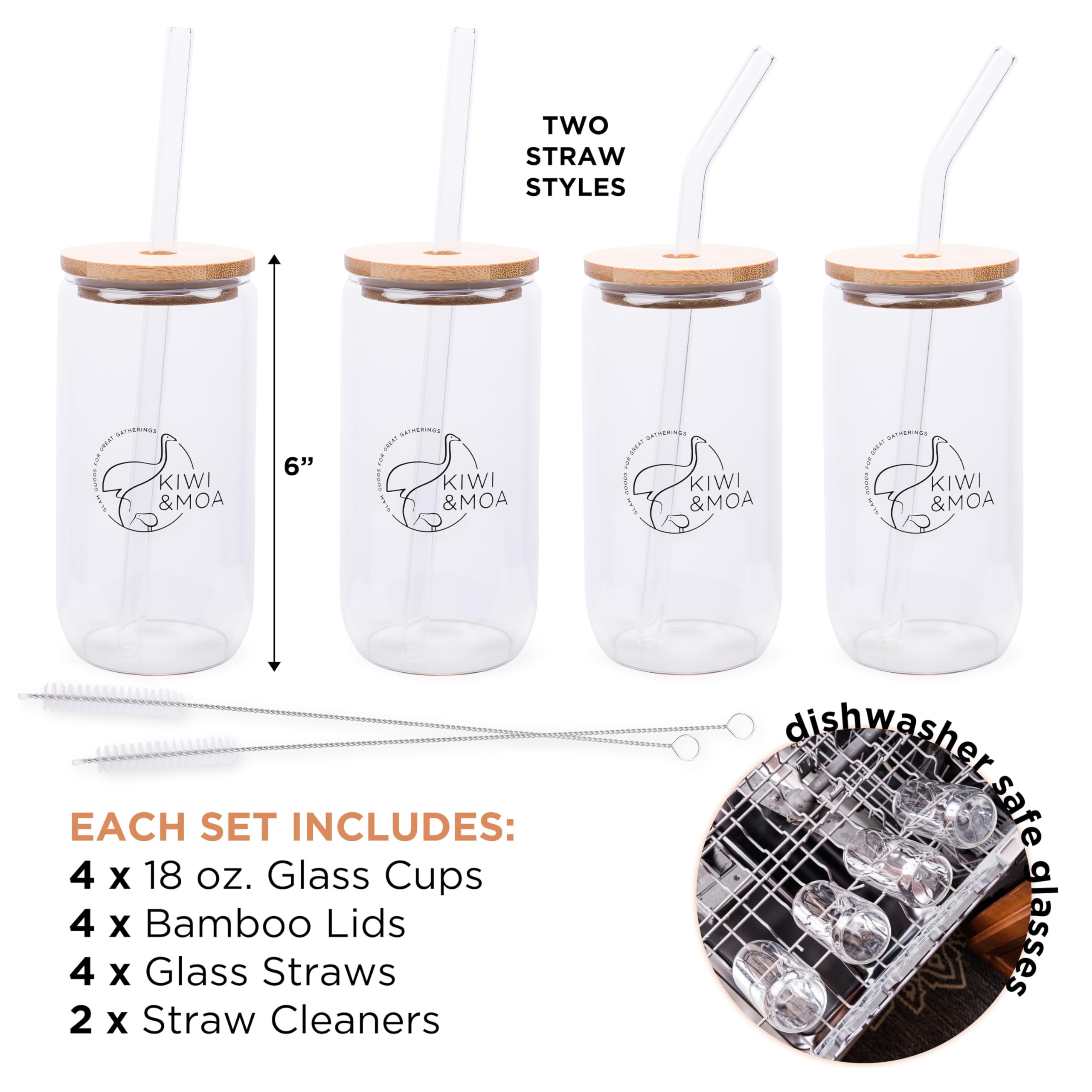 KIWI & MOA Vasos de 16 onzas, con tapas de bambú y popotes de vidrio, juego de 4, para bebidas mixtas, cócteles, cerveza, café helado, té helado, batidos, fiestas/regalos, incluye 2 cepillos de