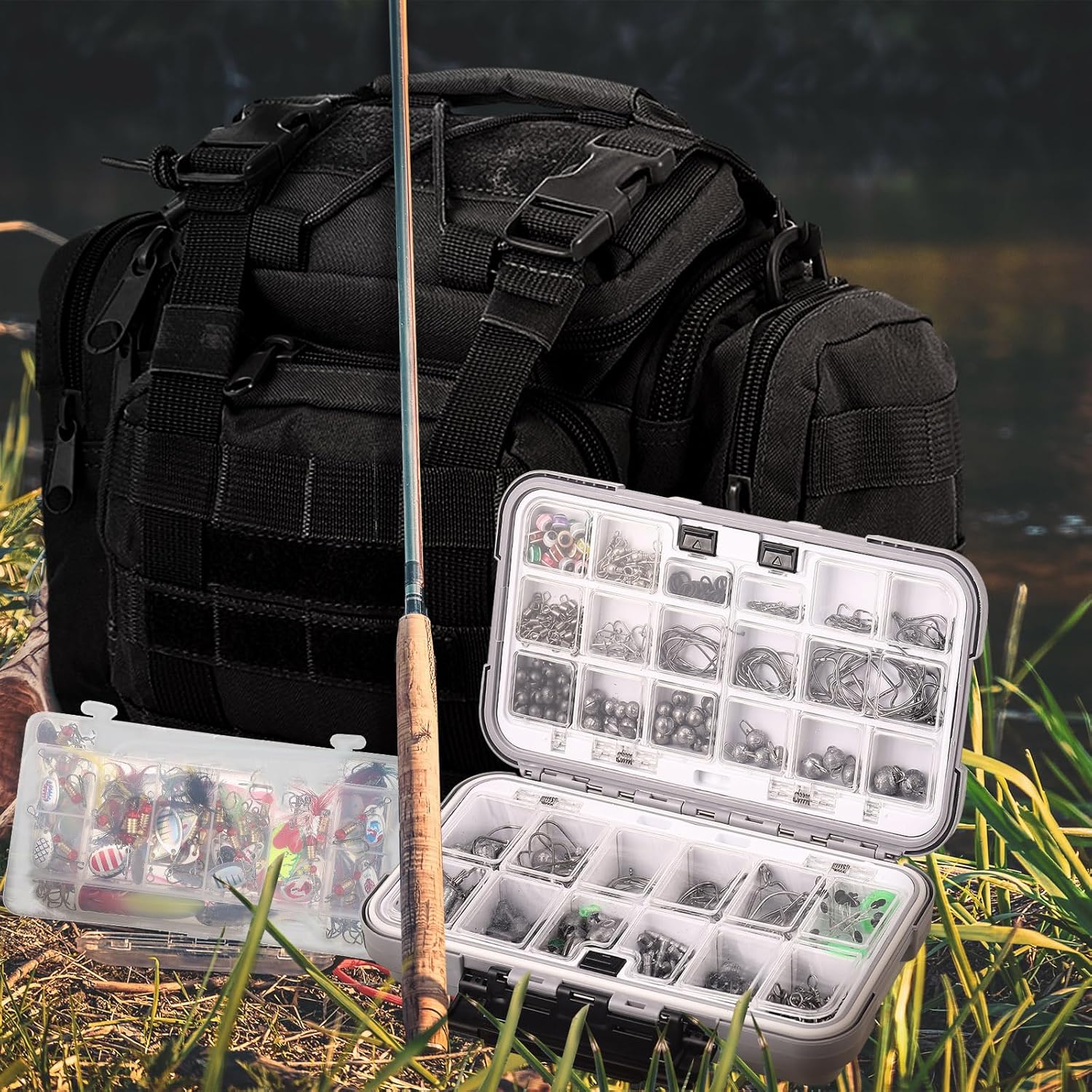 Sosation 464 Pcs Fishing Backpack with Tackle Boxes Lightweight Sling Bag for Fish Gear Equipment Accessories Fishing Gifts for Men Fish Lures Pliers Digital Scale Hook Removal Gripper(Black)