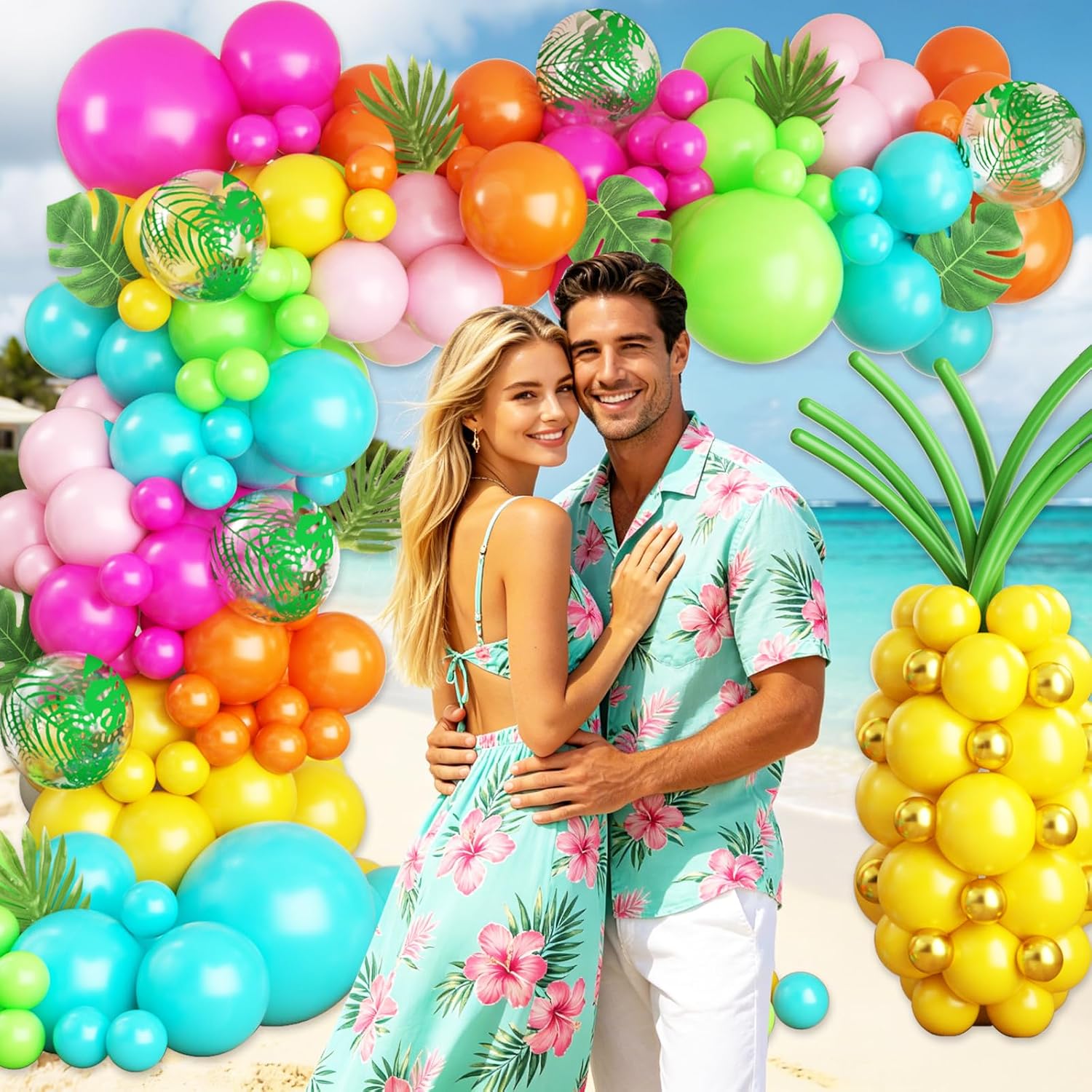 146Pcs Tropical Balloon Arch Kit with Hot Pink Lime Green Teal Yellow Orange Gold Green Long Balloons Palm Leaves for Hawaiian Luau Aloha Summer Flamingo Beach Pool Birthday Party Decorations
