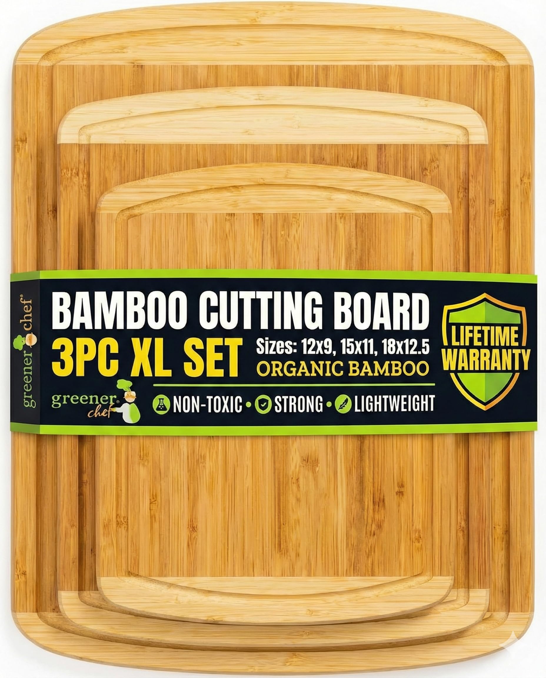 Organic Bamboo Cutting Board Set of 3 with Lifetime Replacements – Premium Extra Large Wood Cutting Boards for Kitchen with Juice Grooves for Carving & Serving, Non Toxic & Durable by Greener Chef
