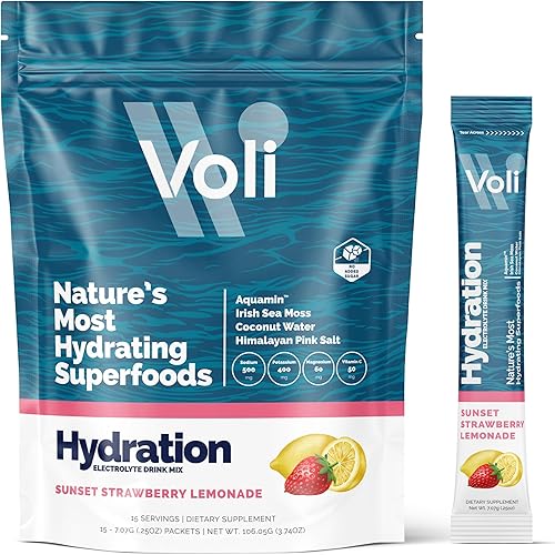 Voli Hydration, fresa al atardecer, hidratación de superalimentos, musgo marino irlandés, aquamin (magnesio natural), agua de coco, sal rosa del