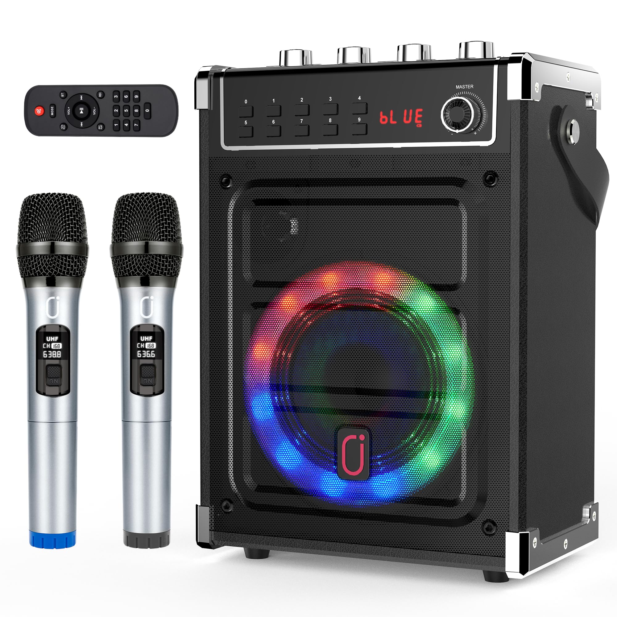 JYX Karaoke Maschine mit 2 UHF-Funkmikrofonen, Bluetooth-Lautsprecher mit Bass-/Höhen-Einstellung und LED-Licht, PA-Systemunterstützung TWS, AUX in, FM, Rec, Versorgung für Party/Erwachsene