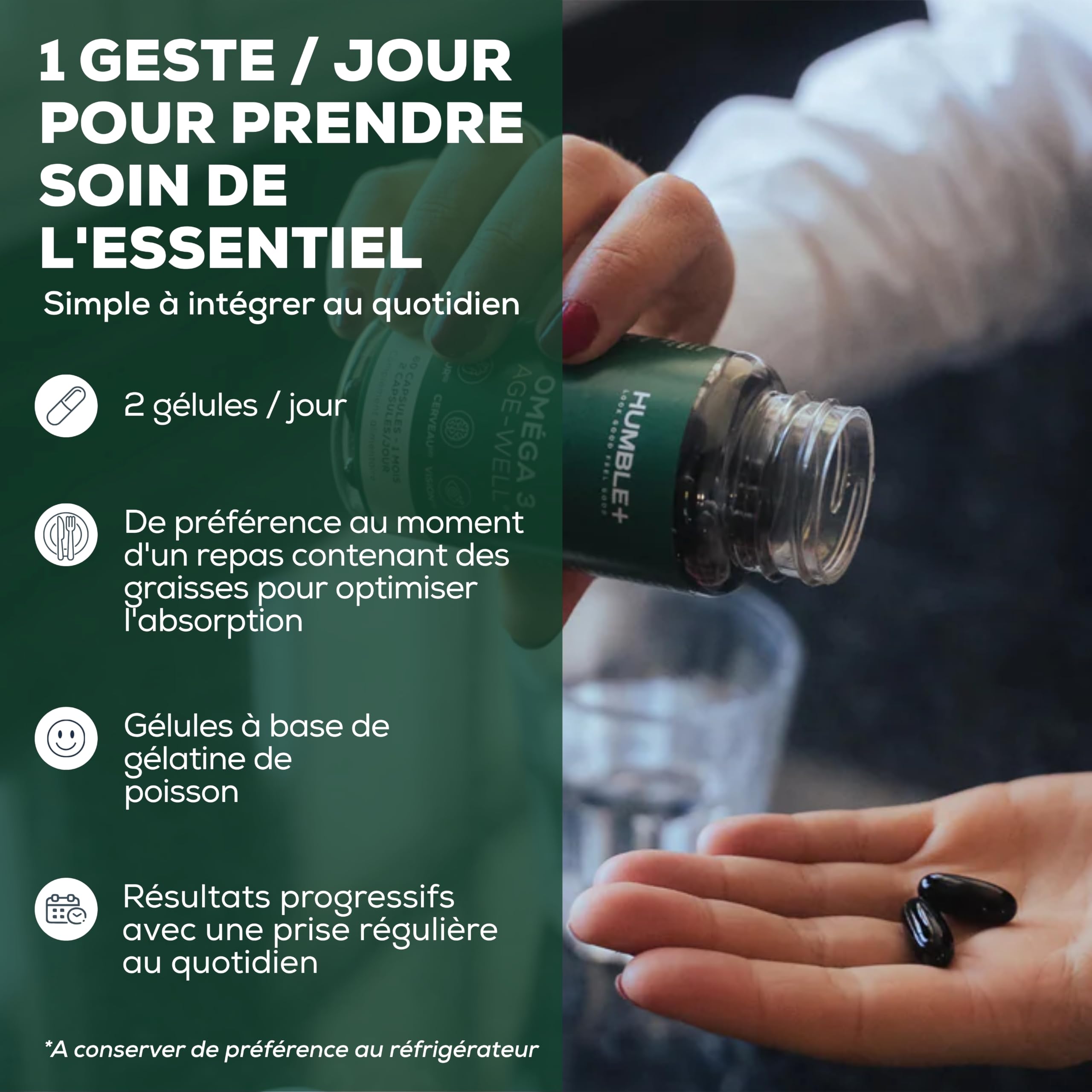HUMBLE+ Oméga-3 Age-Well® - EPA & DHA Concentrés - Huiles Marines Purifiées de Poisson et de Krill - Cœur, Fonction Cérébrale et Vision - 60 Capsules - Marque Française