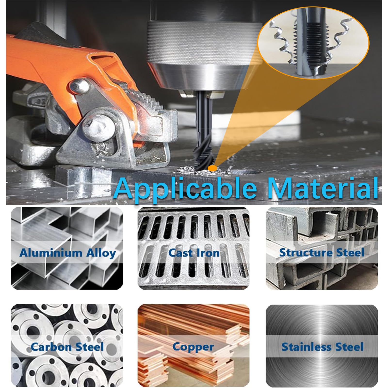 Set di 7 maschi per filettatura manuale HSS 6542 metrica sinistra M3-M12