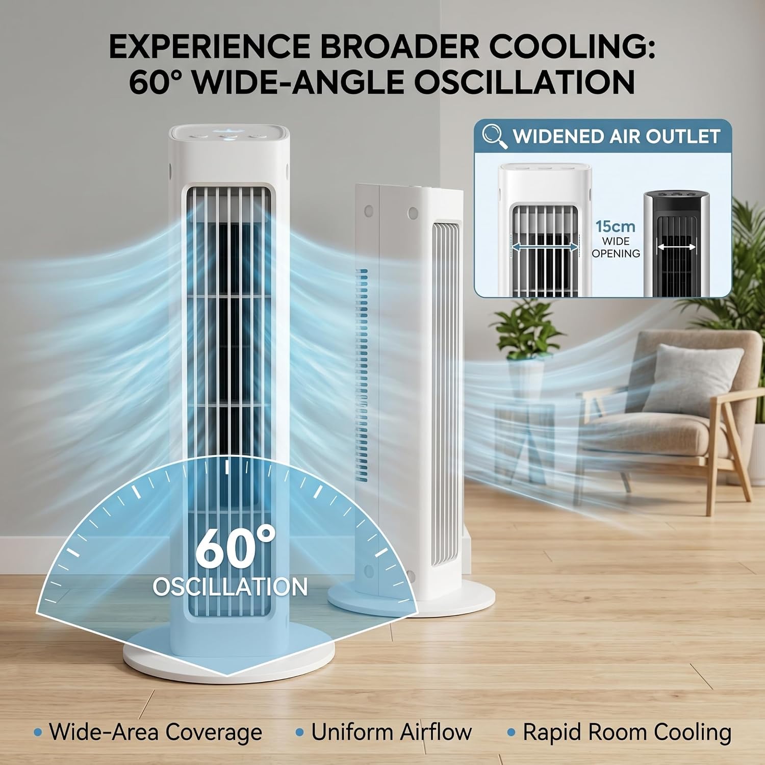 2 Set Oscillating Tower Fan, Portable Rechargeable Cooling Fan with 3 Placement Modes & Remote Quiet Operation for Home Office, White, 13x3in