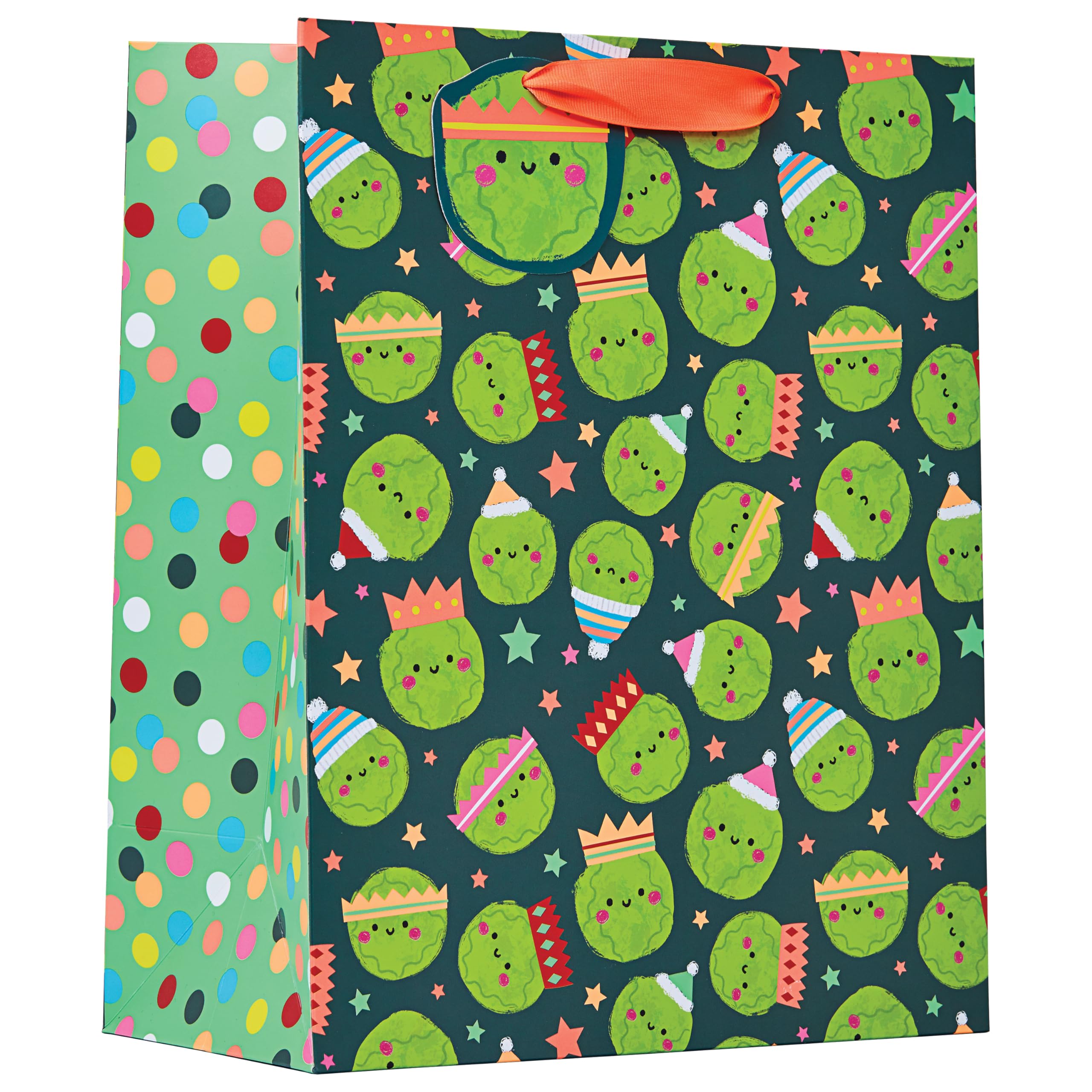 Design By Violet Christmas Sprouts Large Gift Bag – Fun Printed Design with Festive Sprout Characters and Ribbon Handle – Perfect for Clothes, Toys & Presents