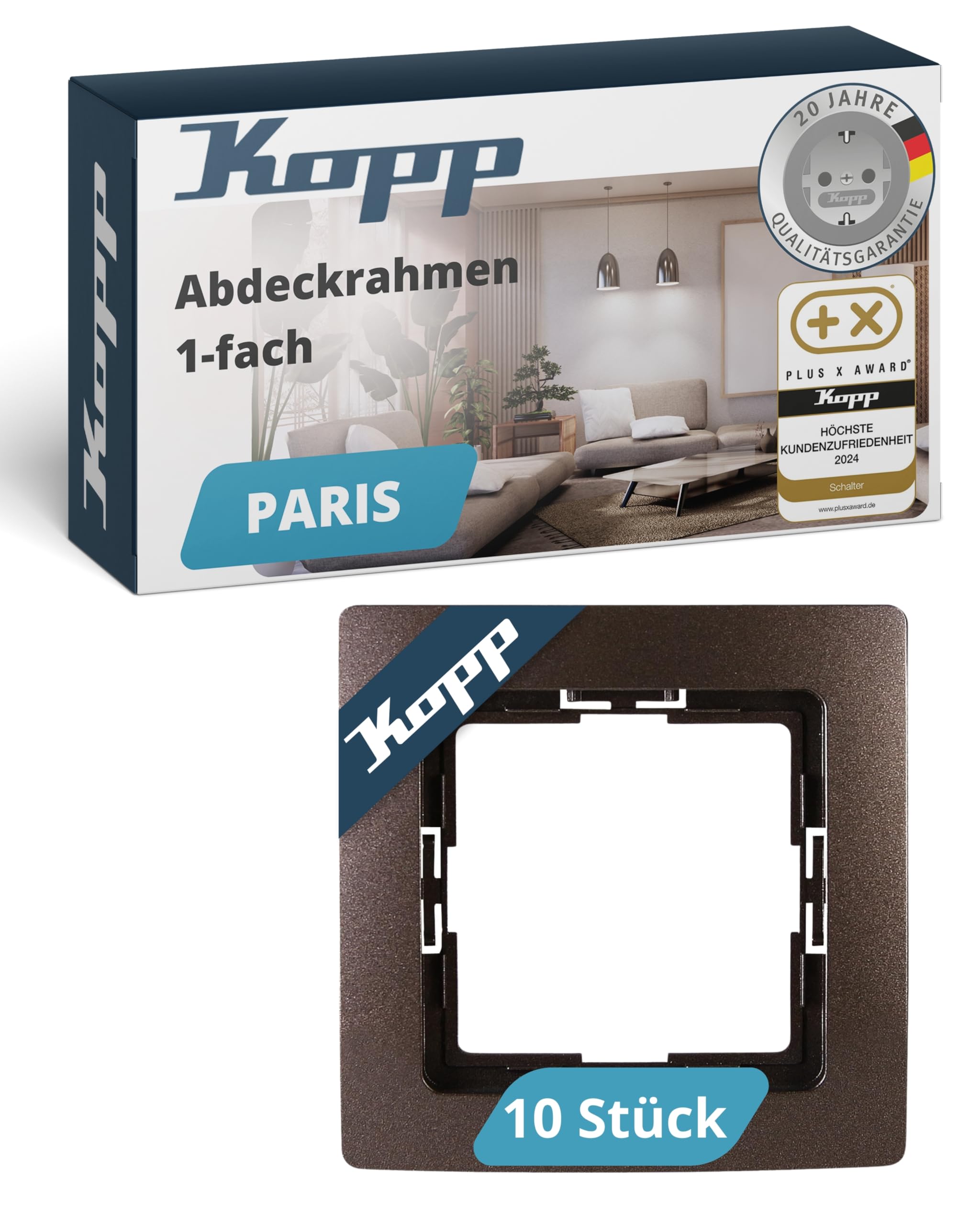 Kopp PARIS 1-fach Abdeckrahmen in Palisander-Braun - 10 Stück - 83 x 83 x 9,5 mm - Rahmen für Steckdosen & Schalter - Stilvoller Steckdosenrahmen aus Kunststoff - Hochwertiger Lichtschalter-Rahmen