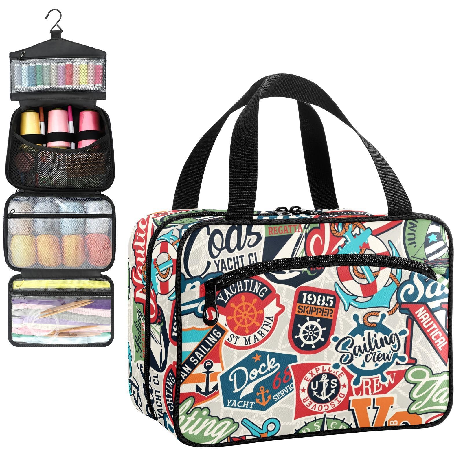 YNNALE Sewing Supply Organizer Bag, Retro Vintage Nautical ThemePortable Sewing Bags with Pockets&Hanger, Sewing Storage Box Case for Sew Supplies/Kit/Tools/Accessories (BAG ONLY)