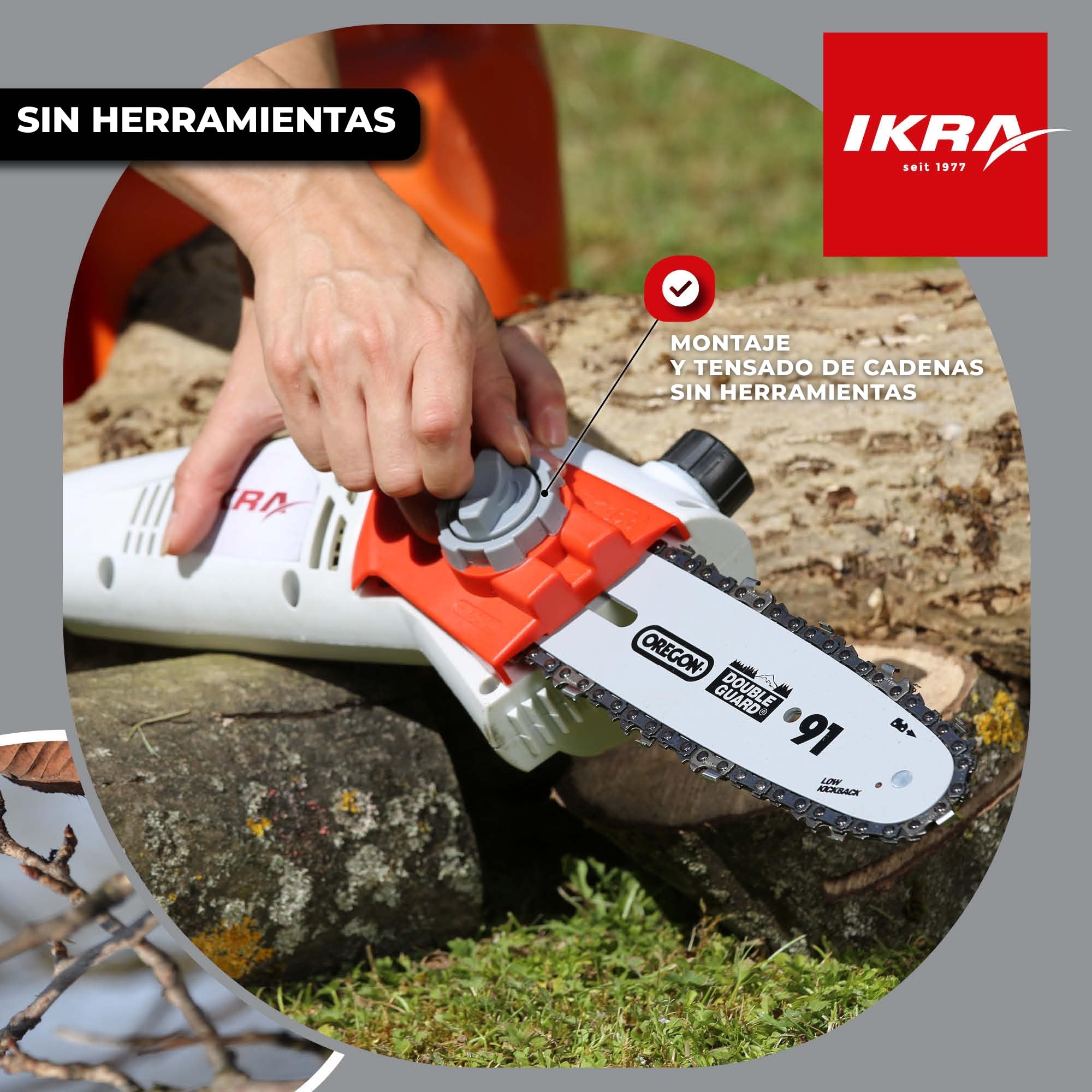 IKRA podadora de altura eléctrica IEAS 750, con cadena de repuesto, ligera | Longitud de corte de 185 mm, incluye correa para el hombro, cadena OREGON, tensado y montaje de la cadena sin herramientas