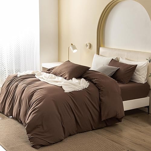 Miniatura 3 de JIYUAN 100% Washed Cotton Duvet Cover Set Queen Size 3 Pieces, Linen Feel Soft Breathable Bedding Set with Zipper Closure, 90x90 Duvet Cover
