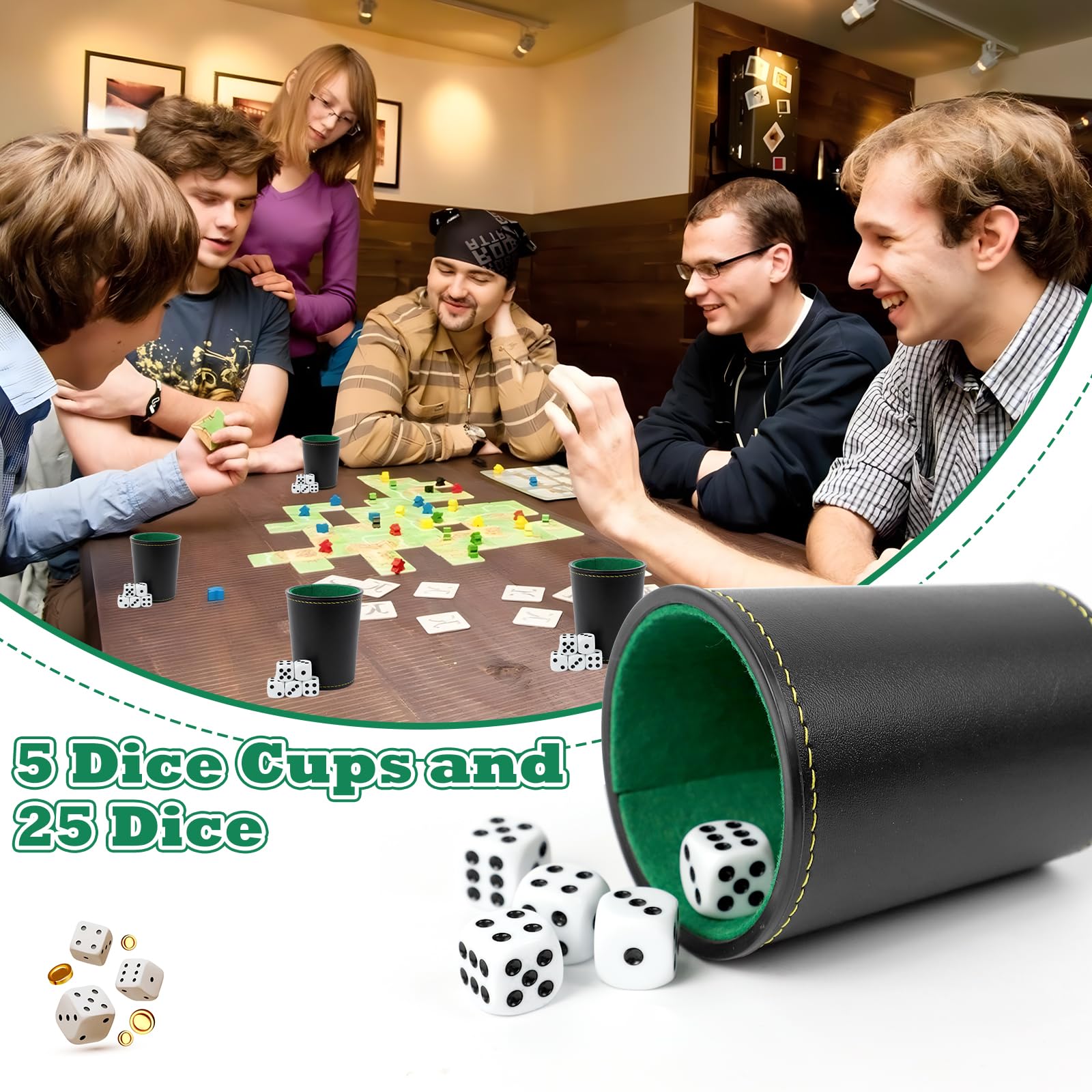 5 Pièces Gobelets à dés en Cuir, Ensemble de Gobelets à dés avec 25 dés, Coupe à dés en Cuir, Jeux de Dés, Jeux de Voyage pour Adultes