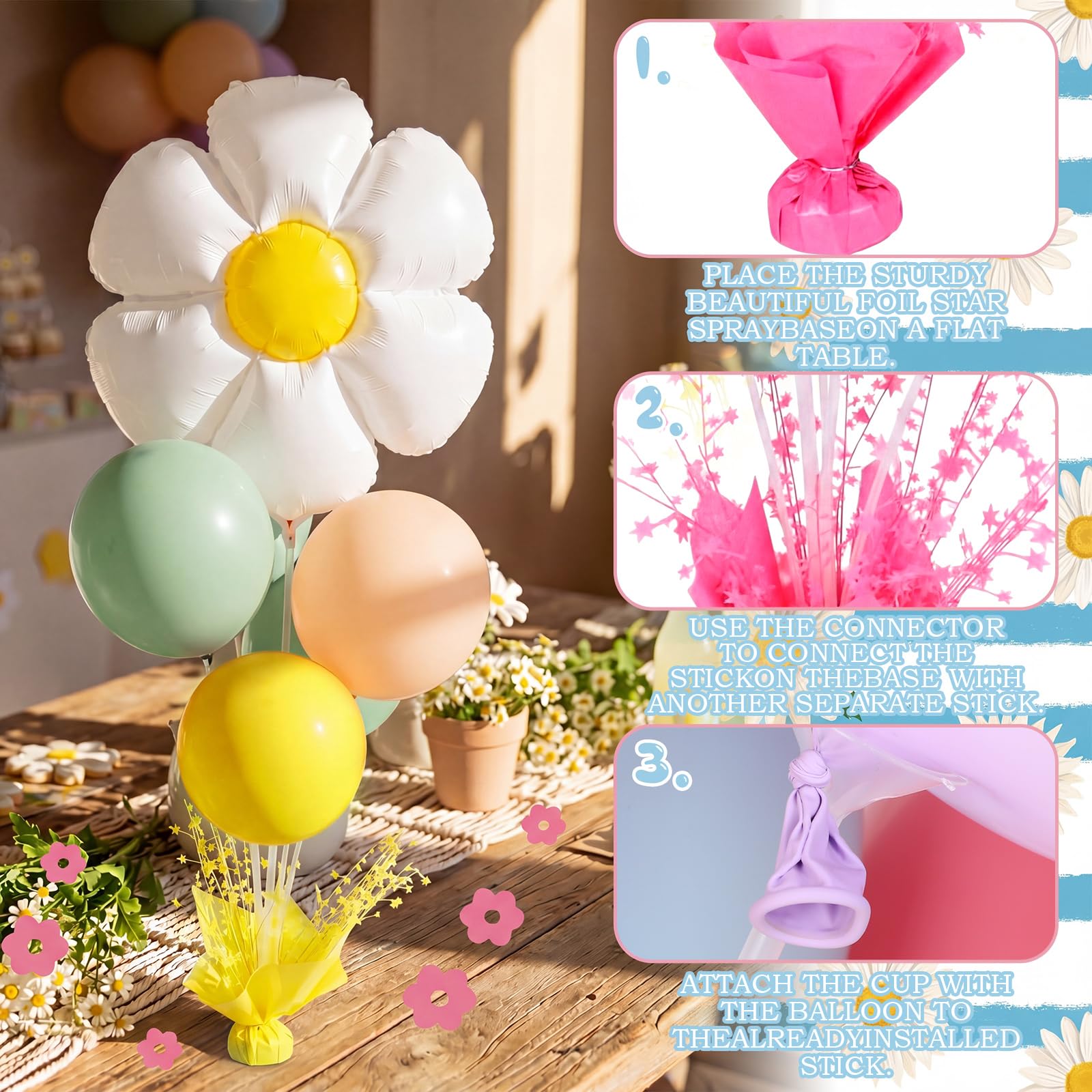 Civaner Lot de 6 supports de ballons de fête en forme de marguerite blanche pastel pour tables de printemps, fête des mères, fête prénuptiale, fête prénatale, mariage