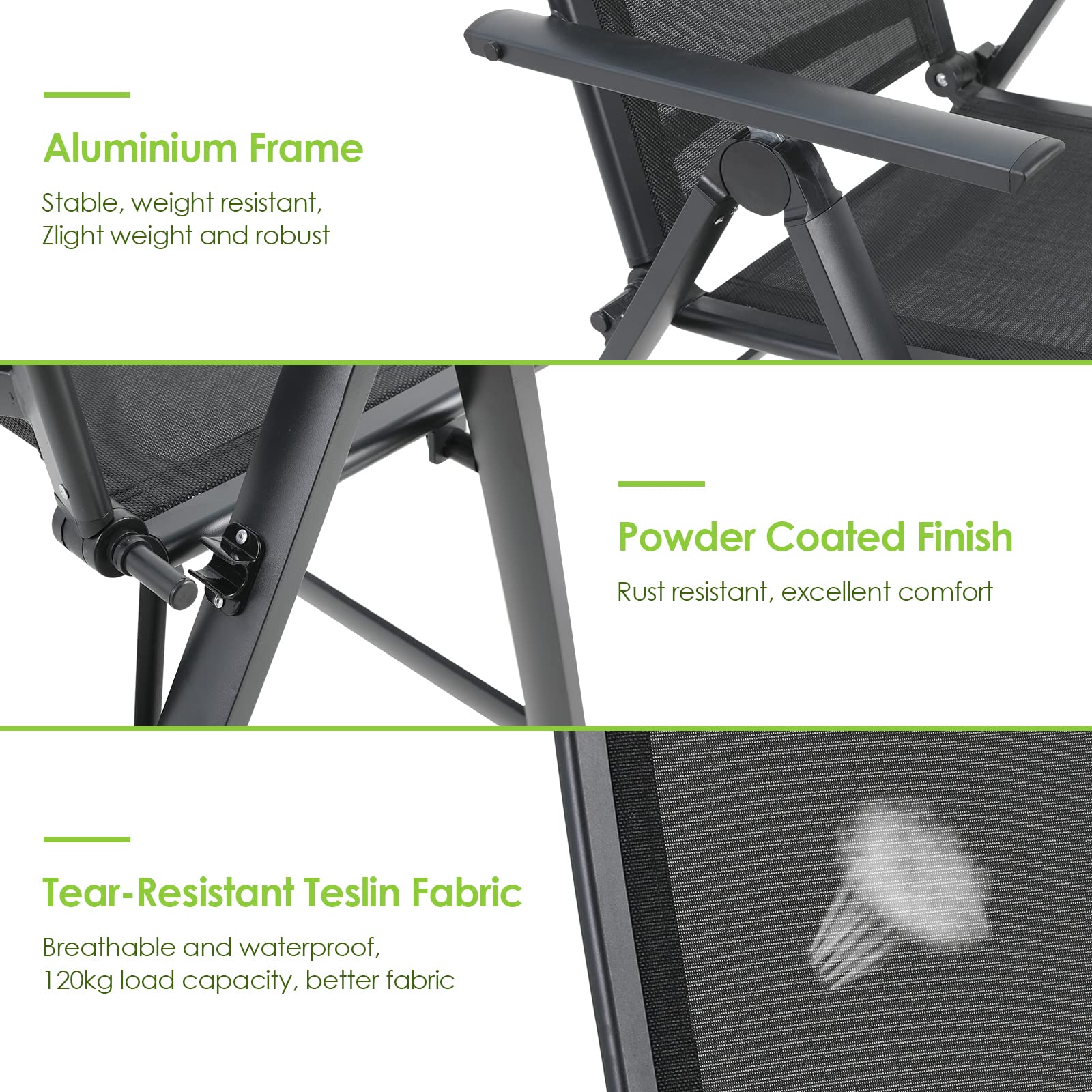 LIFERUN Hochlehner Gartenstühle 2er Set – Klappbar, Aluminium, 7-fach Verstellbare Rückenlehne, Wetterfest, Schwarz, Für Balkon & Camping
