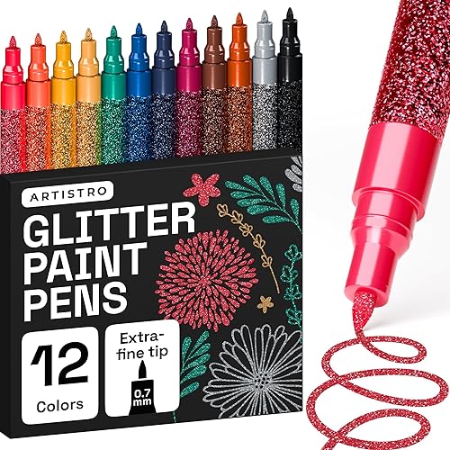 ARTISTRO 12 Glitter Paint Pens for Glass Marking, Rock Painting, Ceramic, Wood, Fabric, Scrapbooking, DIY Craft Making, Coloring - Acrylic Paint Markers Extra-Fine Tip 0.7mm