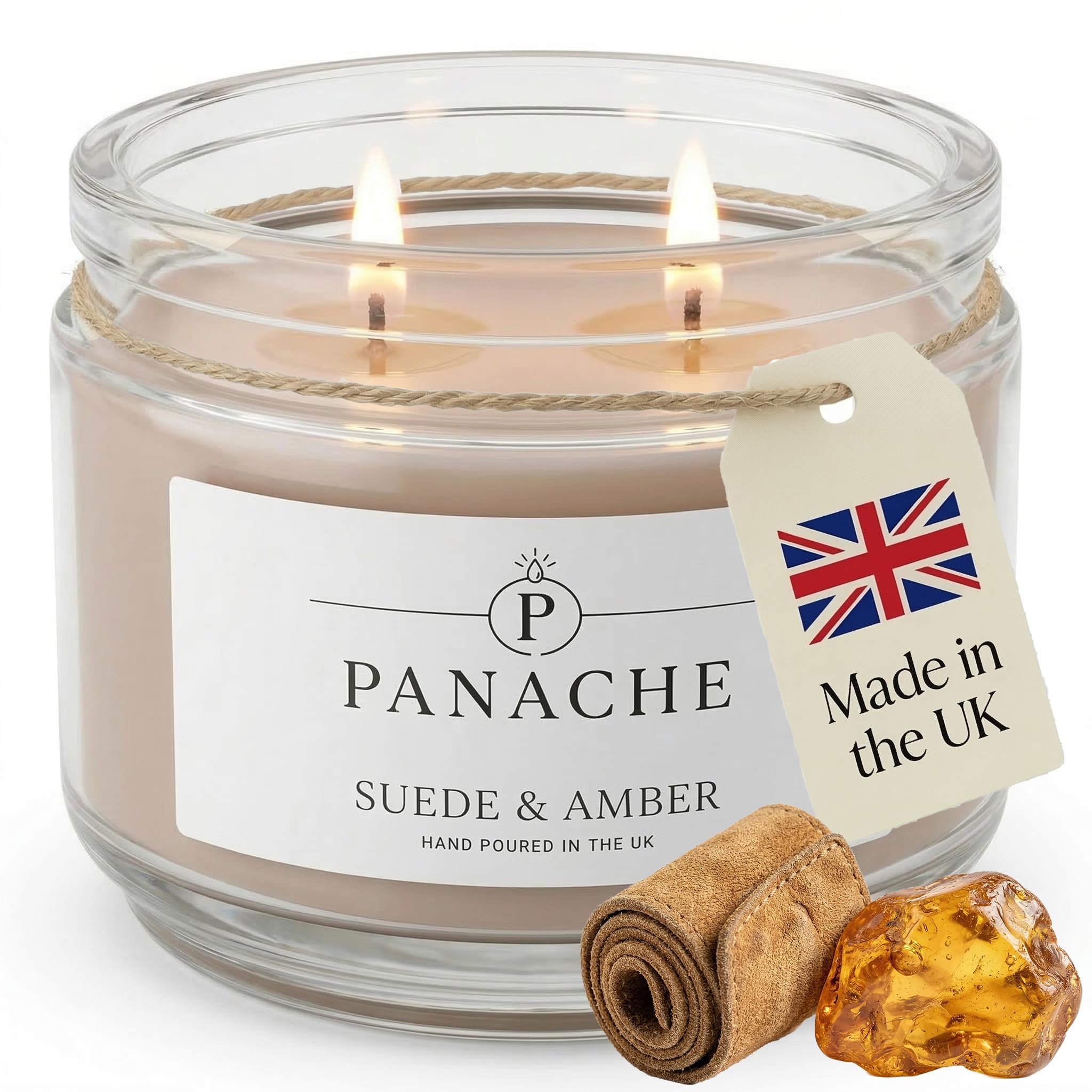 Zan Village Homeware Suede & Amber Panache Scented Candle – Double Wick Soy Wax Candle, 48 Hour Burn Time, Hand Poured In Uk, Clean Burning Cotton Wicks, Luxury Glass Jar Candle For Home Fragrance & Gifts (320G)
