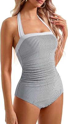 SUUKSESS Women Sexy Tummy Control One Piece Swimsuit Halter Retro Bathing Suit