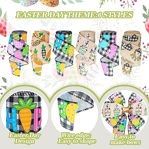 Miniatura 3 de Whaline 6 rollos de cinta de borde con alambre de Pascua, 30 yardas, conejo de Pascua, huevo, zanahoria, camión, gnomo, cinta decorativa para