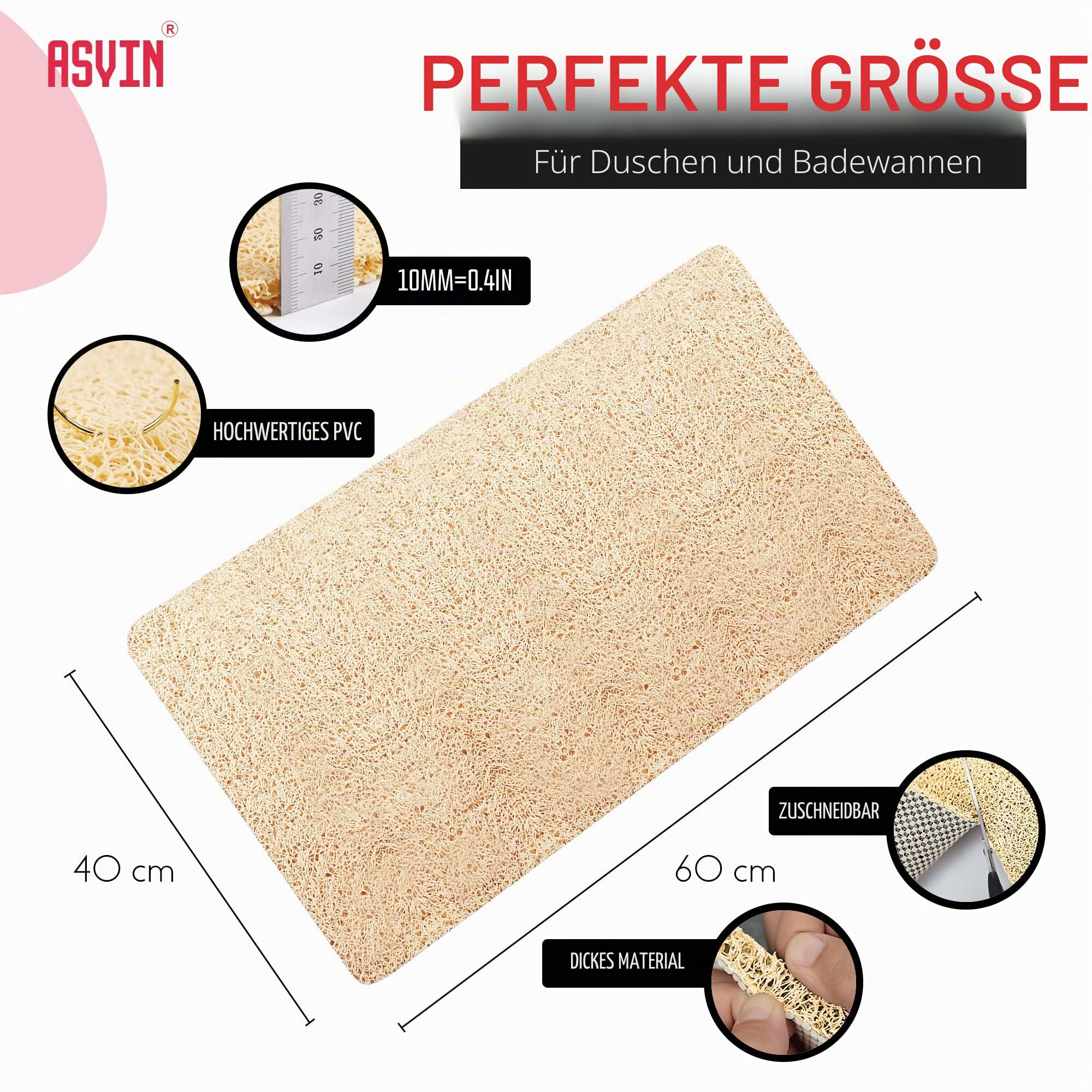 Asvin Weiche, strukturierte, rutschfeste Bade- und Duschmatte für Dusche und Nassbereiche, 40x60 cm, Beige, schnell trocknend, antibakteriell und schimmelresistent
