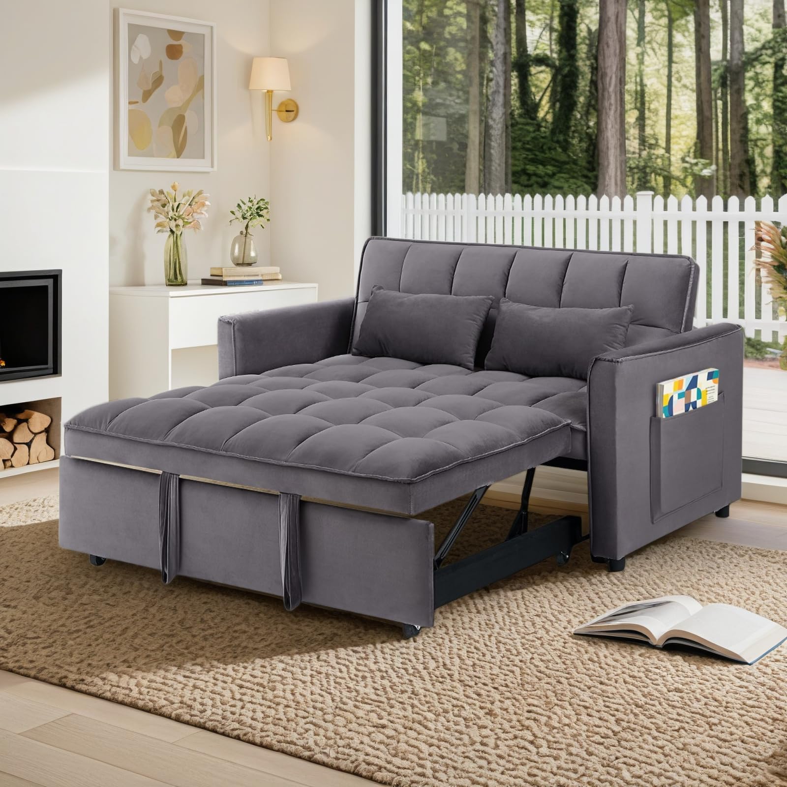 Dreamzie 3 in 1 Convertible Sleeper Sofa Bed, 55'' Loveseat Sleeper Sofa, Pull Out Couch Bed with Side Pocket & Adjustable Backrest for Living Room,