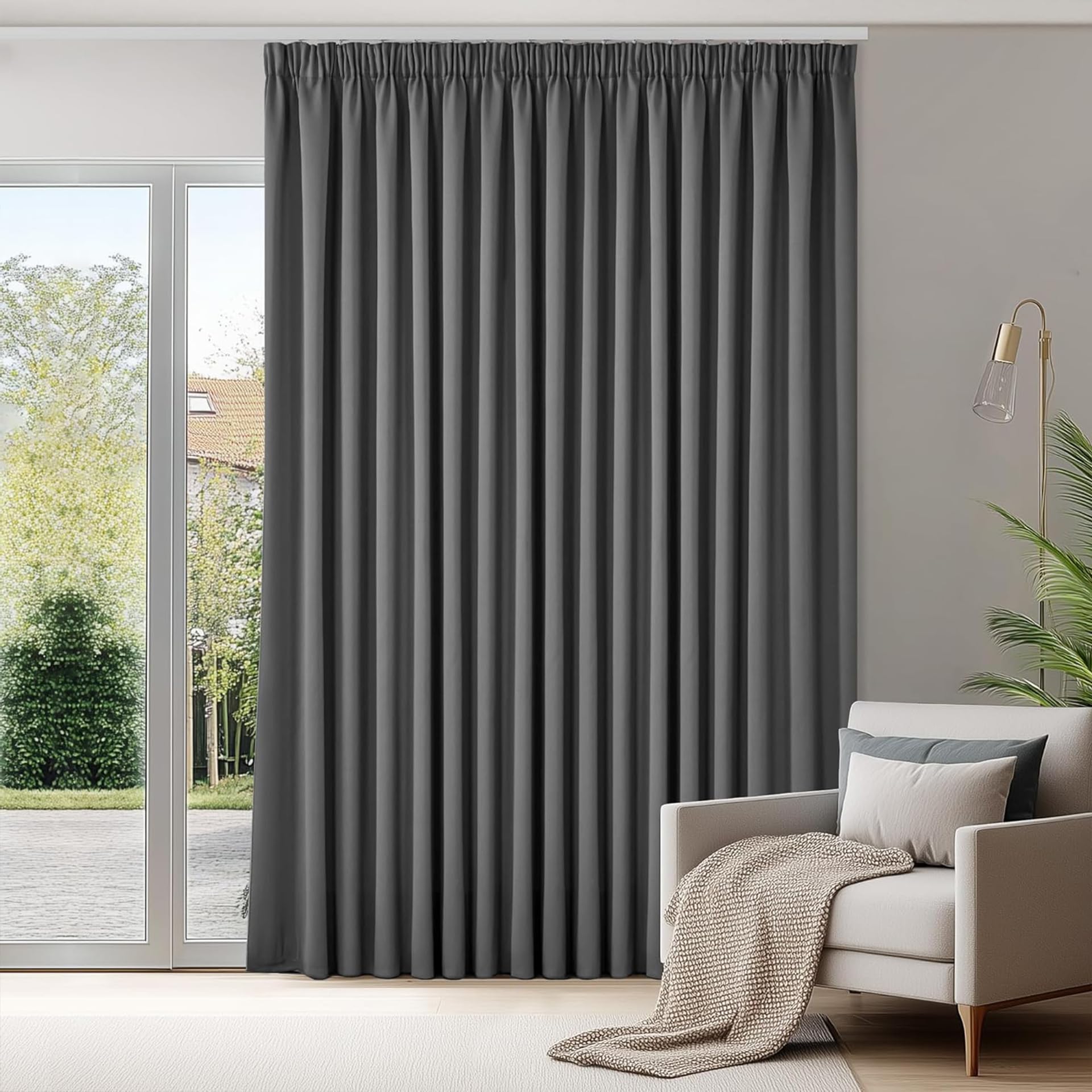 Cortina gris con protección UV solar y cenefa lavable para ventanas de dormitorio