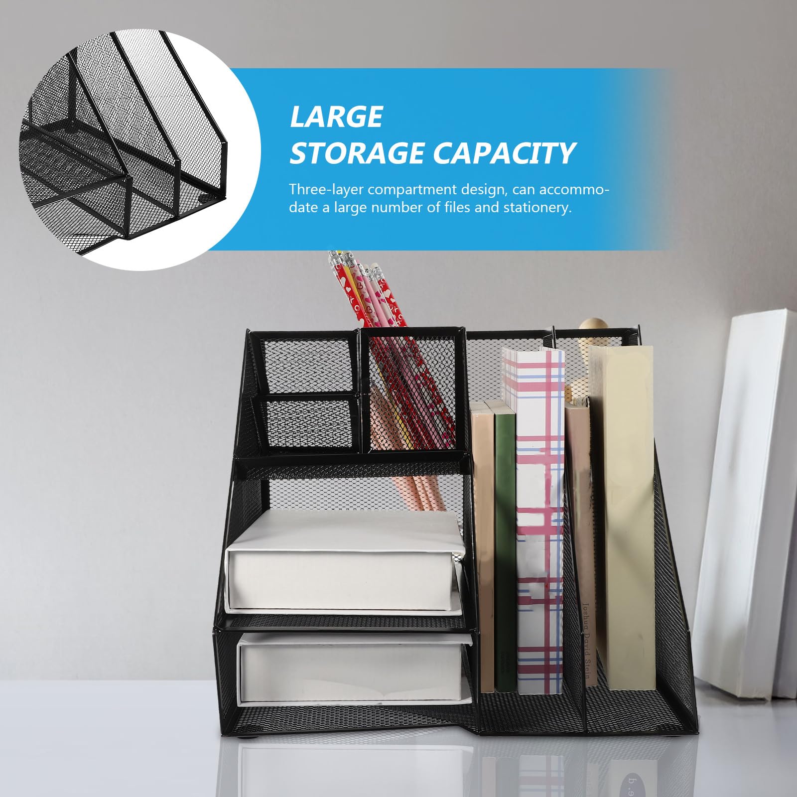 Schwarzer A4 Dokumentenorganizer aus Eisen mit 2 Fächern und 3 Ebenen Linksseitigem Stiftehalter Große Kapazität und Stabiles Design für Büro