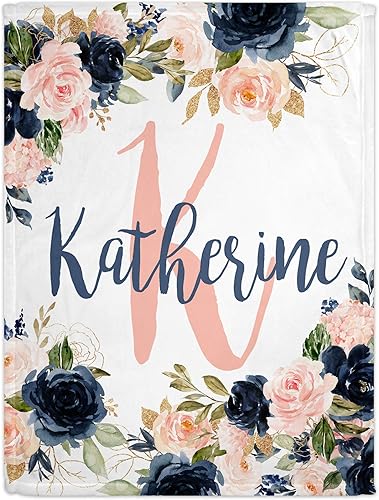 GLAM Manta de bebé personalizada de poliéster, 30 x 40 pies, temática azul marino y rosa rubor, mantas de bebé personalizadas para niñas